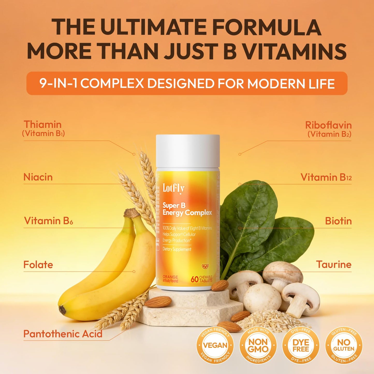 LOTFLY Vitamin B Complex with B1, B2, B3, B5, B6, B7, B9, B12 Taurine–Immune Support, Energy Metabolism and Nervous System – Super B Complex with Blood Orange Powder – 60 Capsules