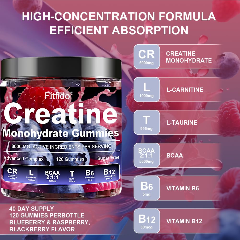 Fitfido Creatine Monohydrate Gummies 5000mg with L-Carnitine, 120 Count