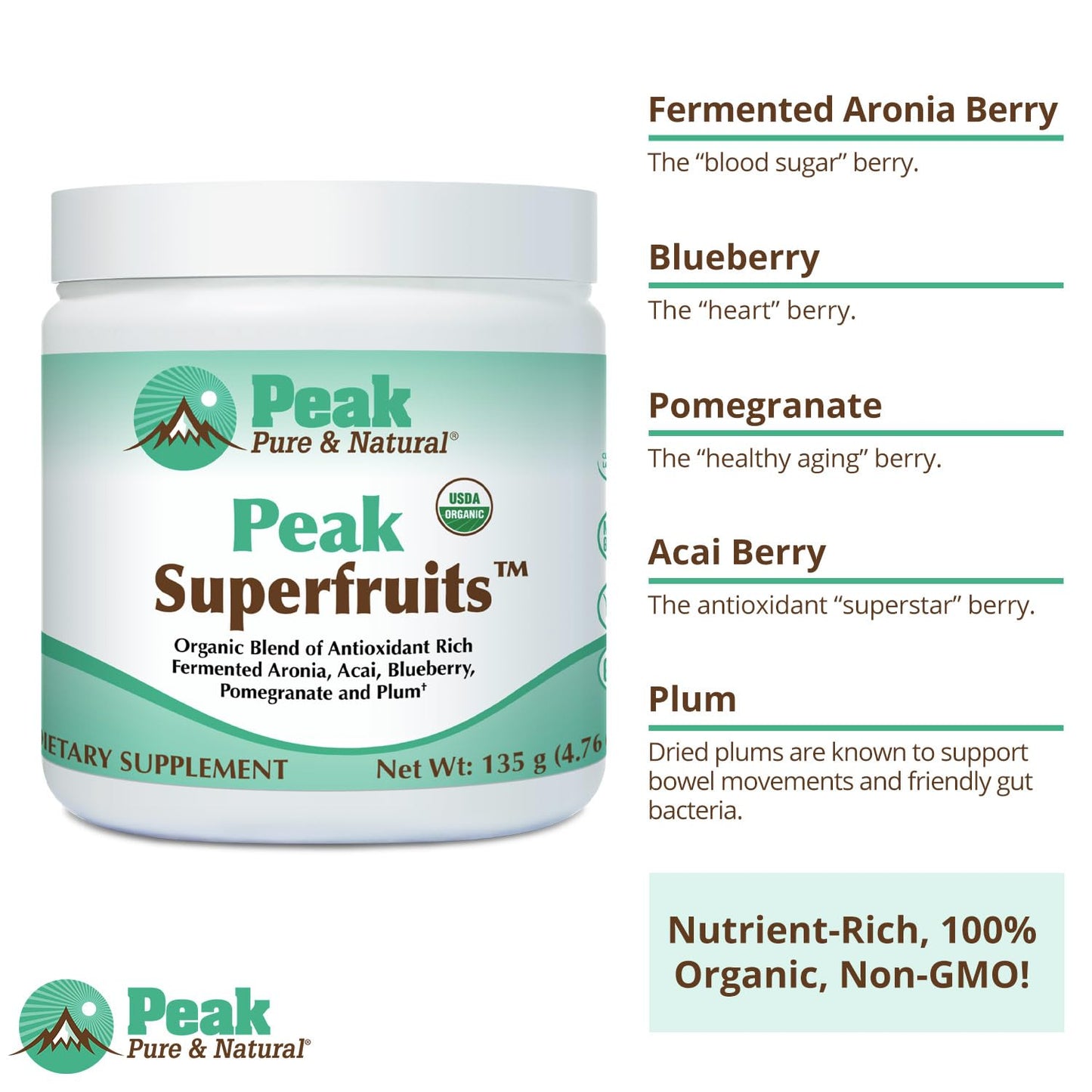 Peak Pure & Natural Peak Organic Superfruits Polyphenol Rich Superfood Powder, 4.76 oz