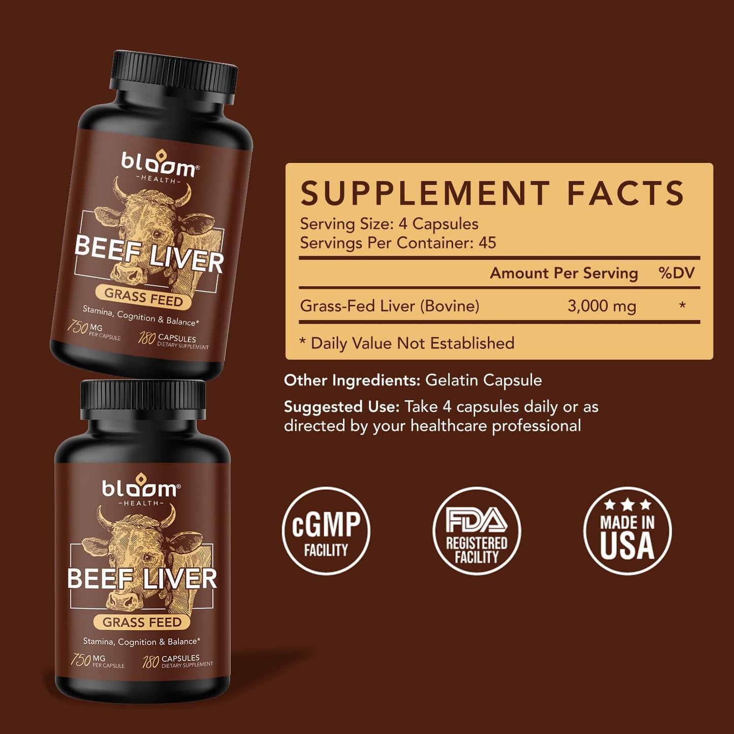 Bloom Health Grass Fed Beef Liver Supplement Capsules, 180 Capsules