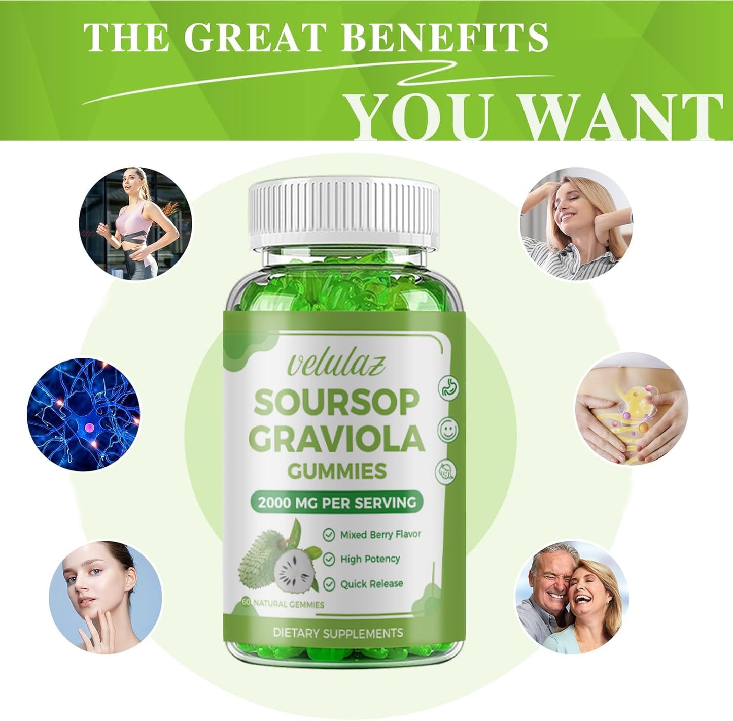 velulaz Soursop Graviola Gummies - Extra Strength with Vitamin C & Zinc, 60 Gummies