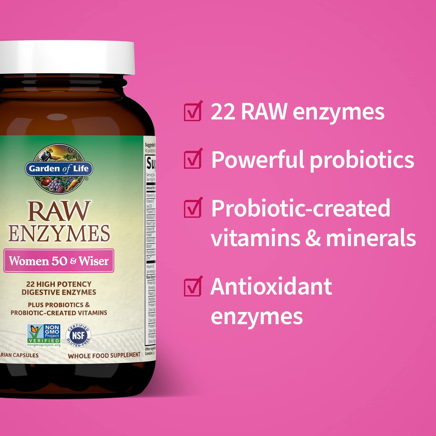 Garden of Life RAW Enzymes 22 Digestive Enzymes for Women 50+ with Bromelain, Papain & Lactase Plus Probiotics & Vitamins B12, Biotin & Zinc, 90 Capsules