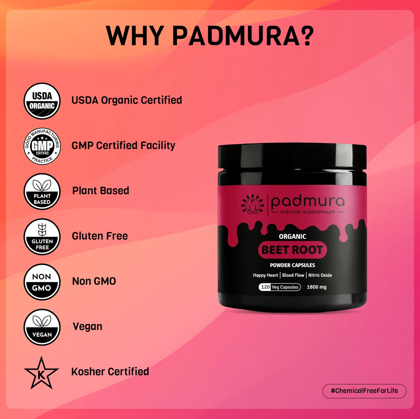 PADMURA Organic Beet Root Powder Capsules 1800mg, 120 Veg Capsules