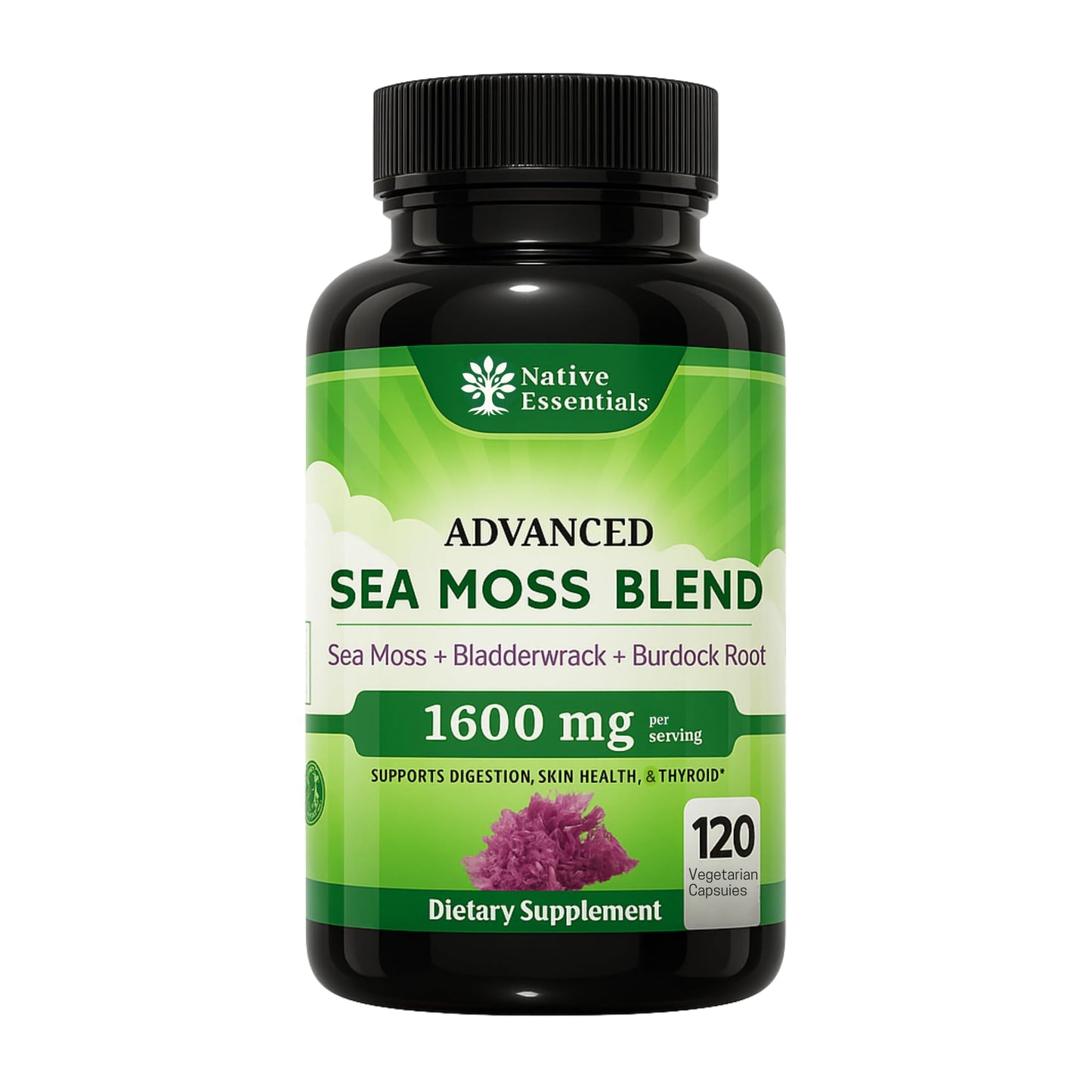 Native Essentials Sea Moss Complex 1600mg - Thyroid Immunity Skin Support Capsule, 120 Count
