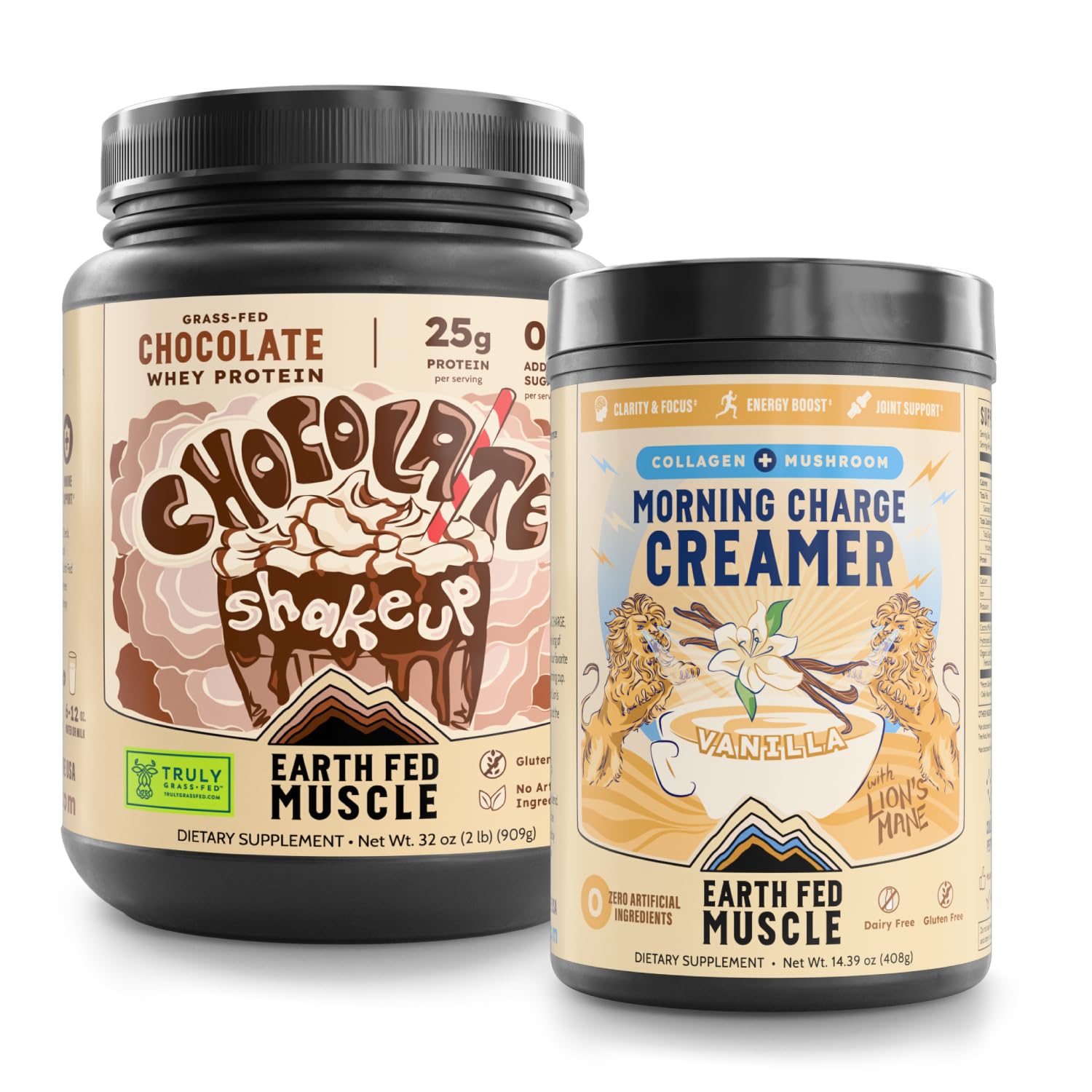 Earth Fed Muscle Grass-Fed Whey + Lion’s Mane & Collagen Morning Charge Bundle Powder