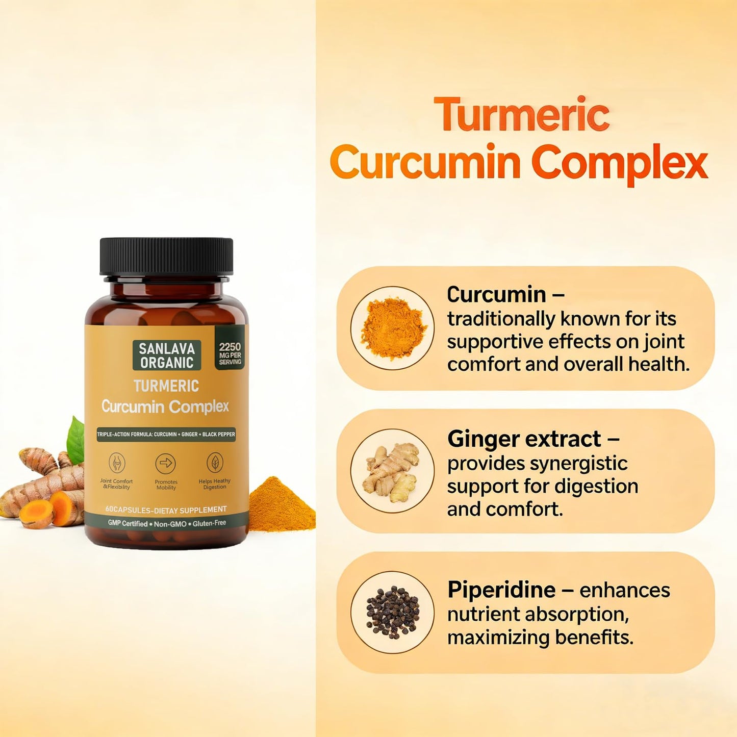 Sanlava Organic Turmeric 3 in 1, Curcumin Ginger Black Pepper, 60 Capsules