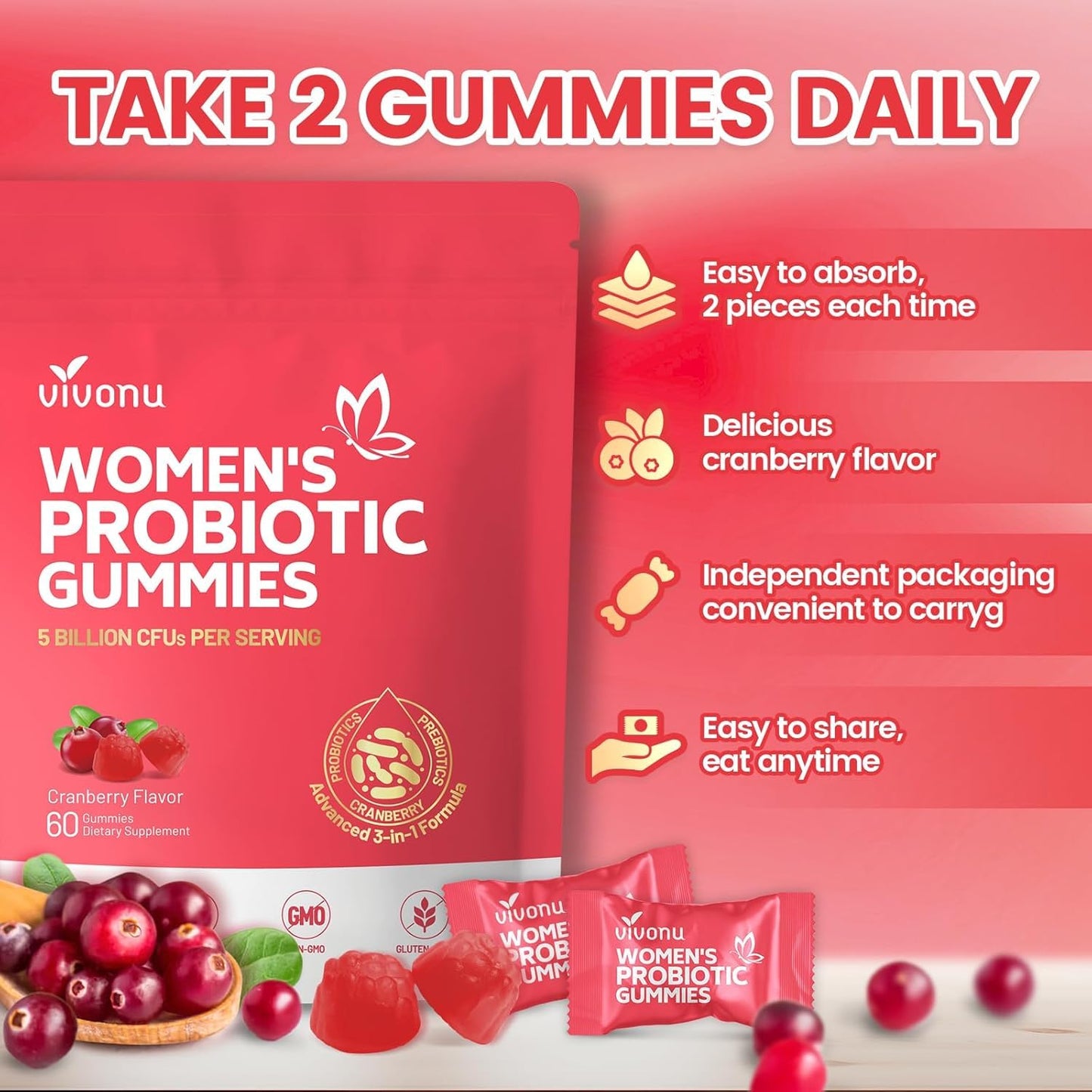VivoNu Probiotics for Women Probiotic Gummies, 500 Million CFUs, Fiber, 120 Gummies