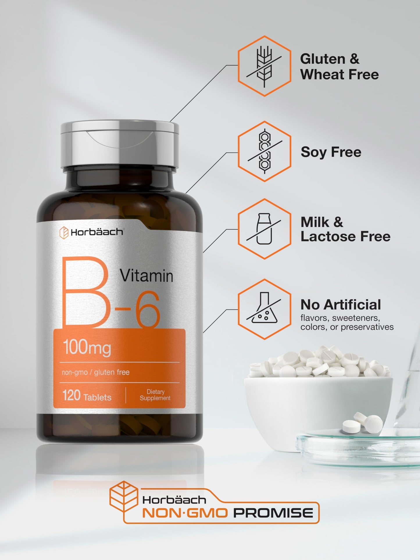 Horbäach Vitamin B6 100mg Pyridoxine HCl, 120 Tablets