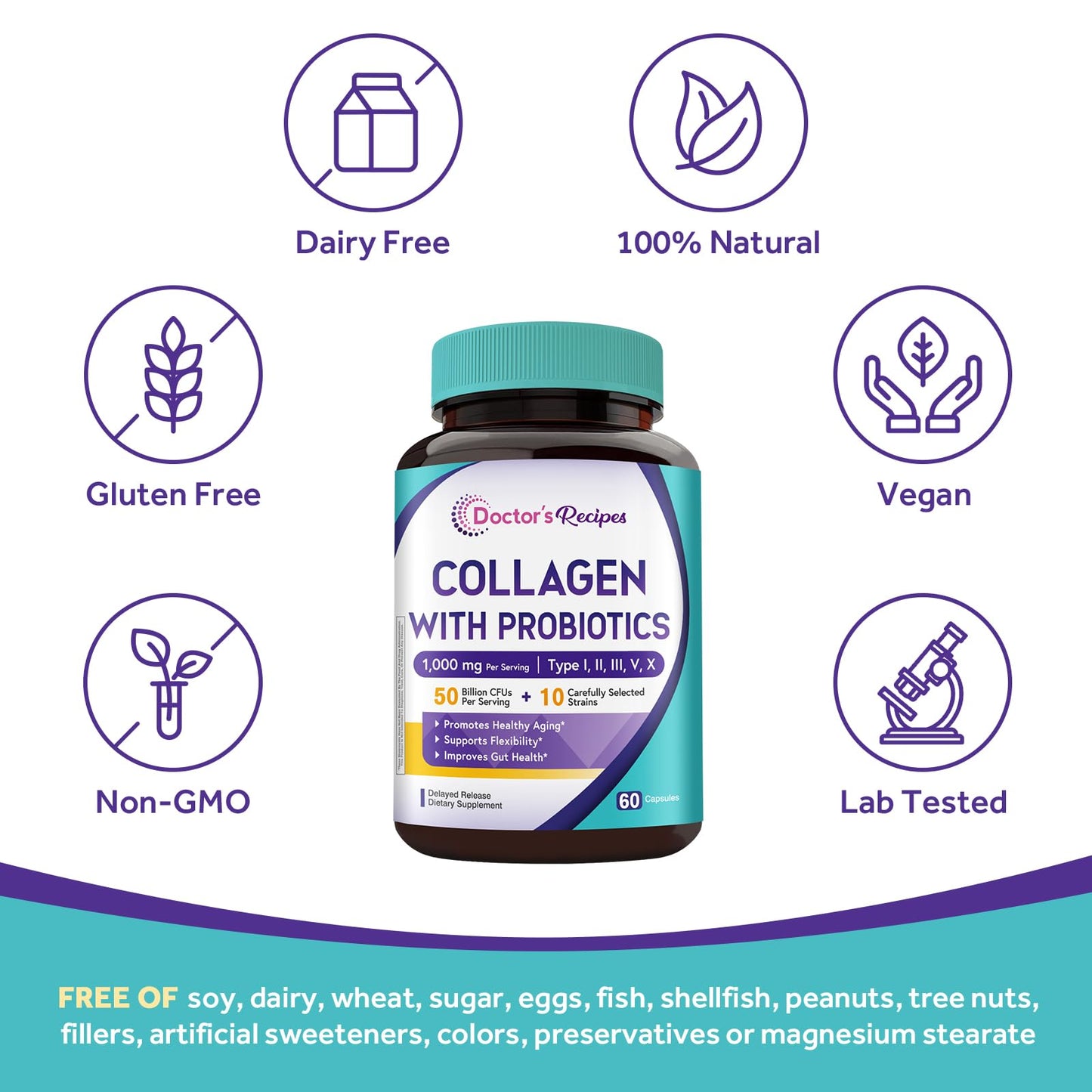 Doctor's Recipes Collagen with Probiotics, Type I, II, III, V, X, 1000mg, 50 Billion CFUs Per Serving, 10 Strains, Beauty, Flexibility, Healthy Aging, Gut, 60 Capsules