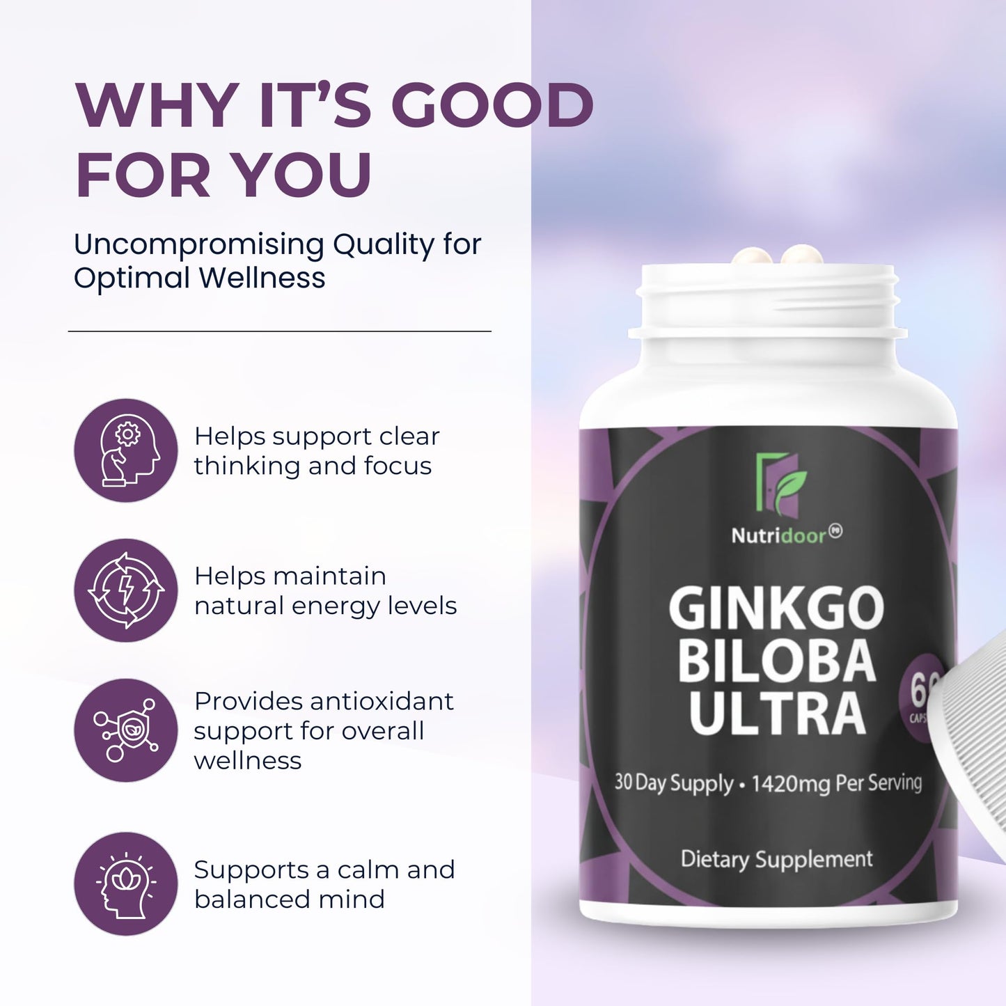 NUTRIDOOR Ginkgo Biloba Ultra with Red Asian Ginseng, Ginkgo Leaf Extract & Powder Capsule, 60 Count