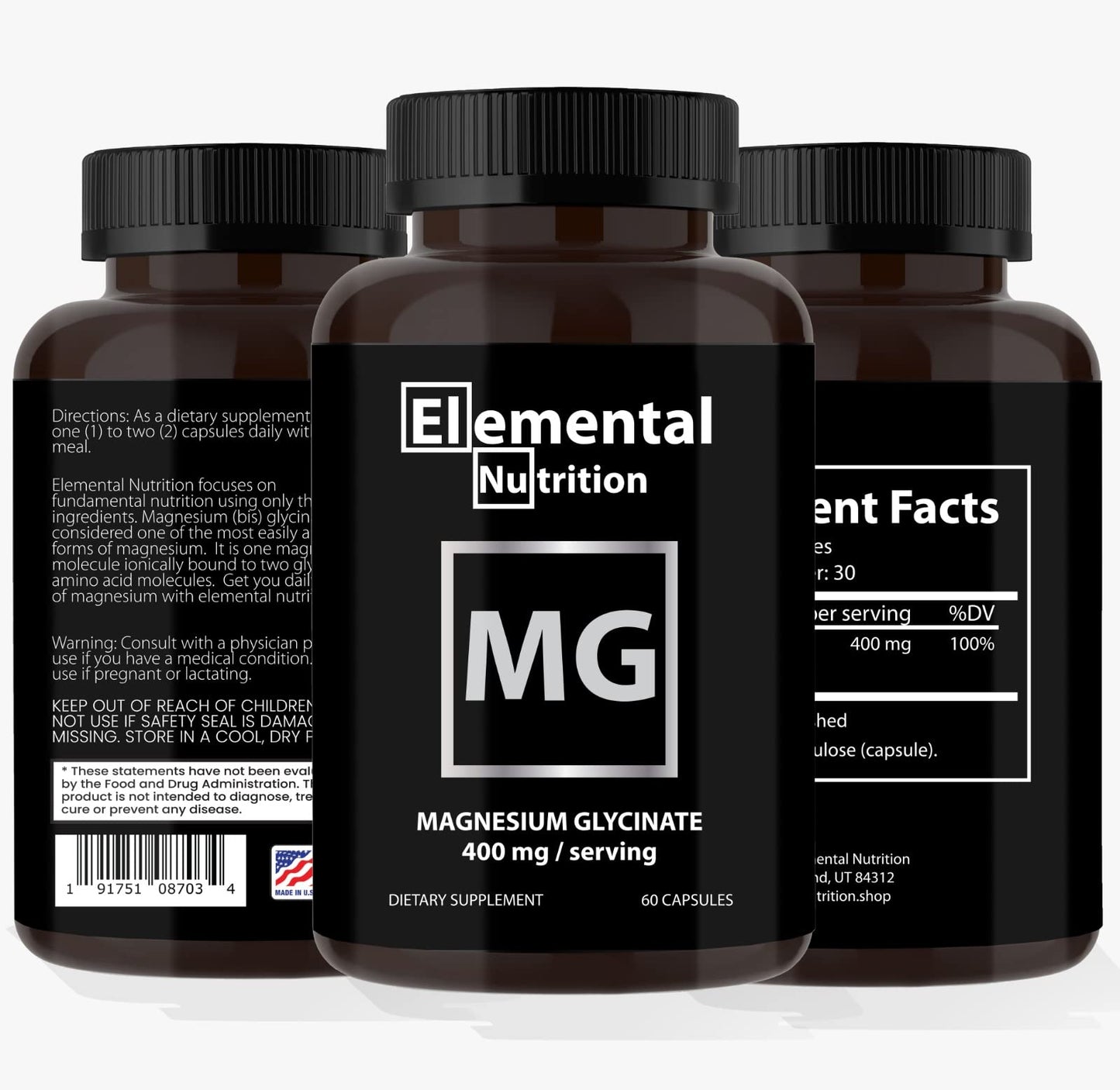 Elemental Nutrition Magnesium Glycinate 400 mg Capsule, 60 Count