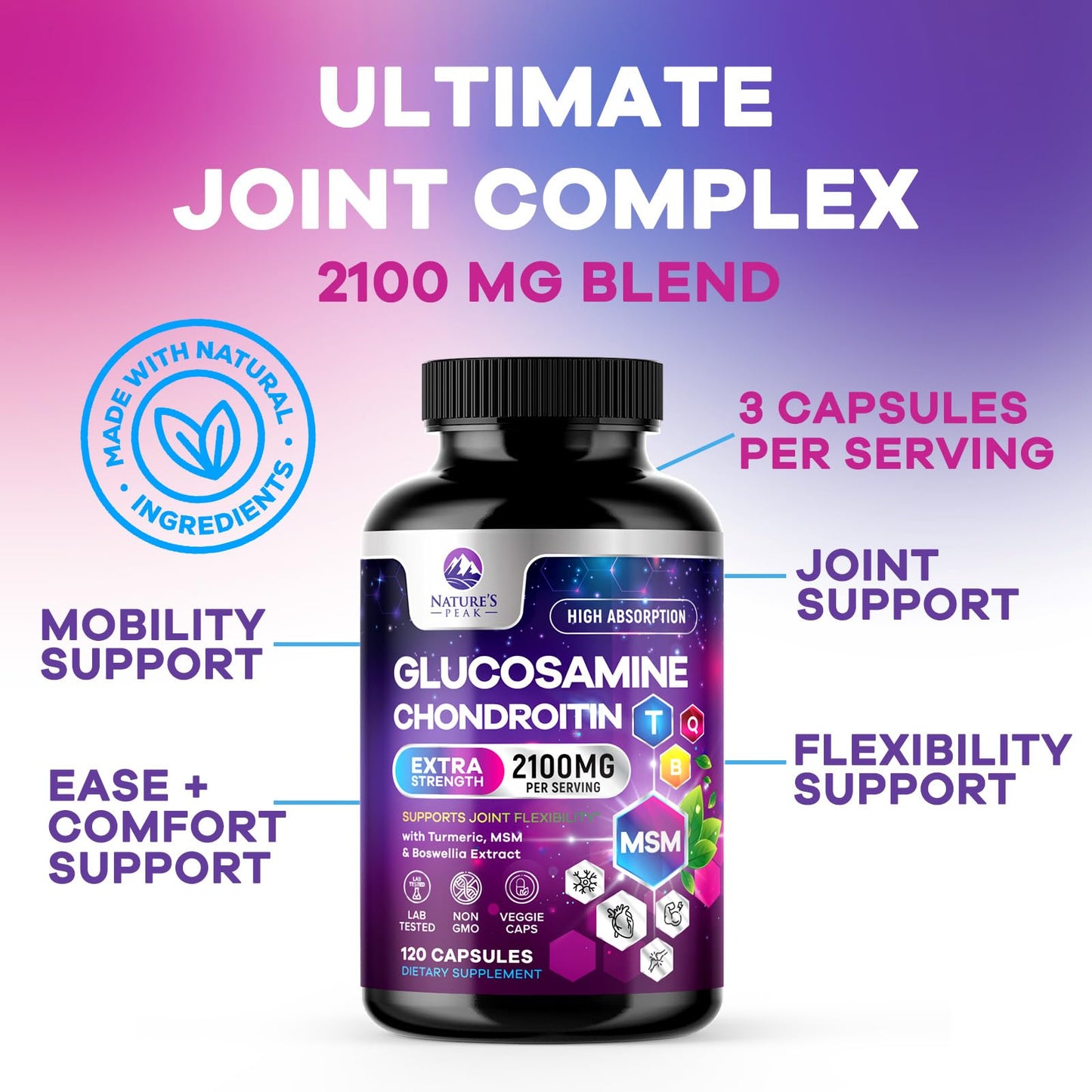 Nature's Peak Glucosamine Chondroitin MSM & Turmeric Extra Strength Joint Support Capsules, 120 Capsules