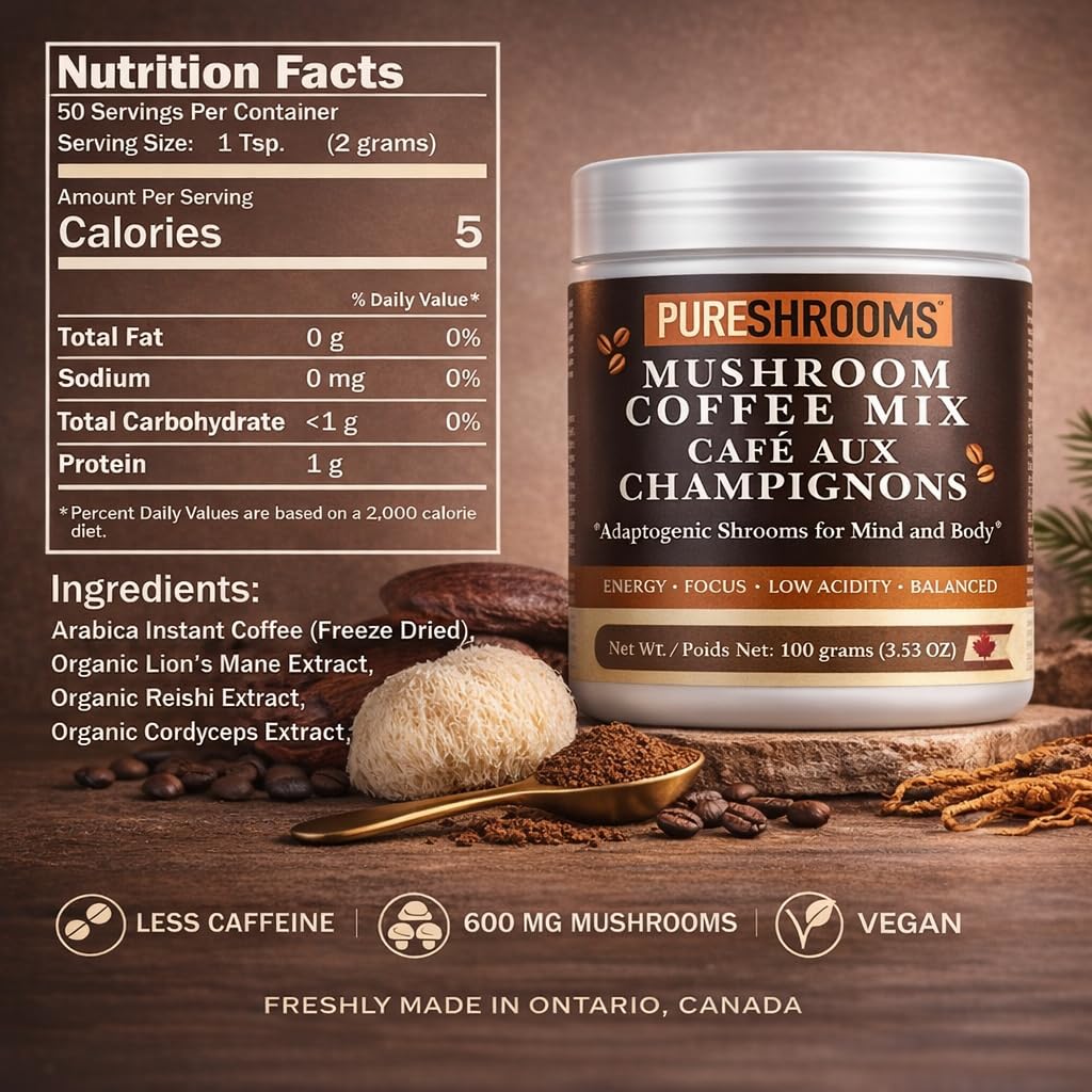 PureShrooms Instant Mushroom Coffee with Organic Lion’s Mane, Reishi & Cordyceps Powder, 3.53 oz