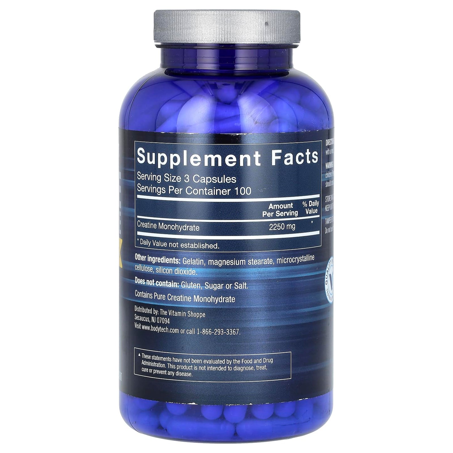 BodyTech 100 Pure Creatine Monohydrate 2250 MG Capsules, 300 Capsules