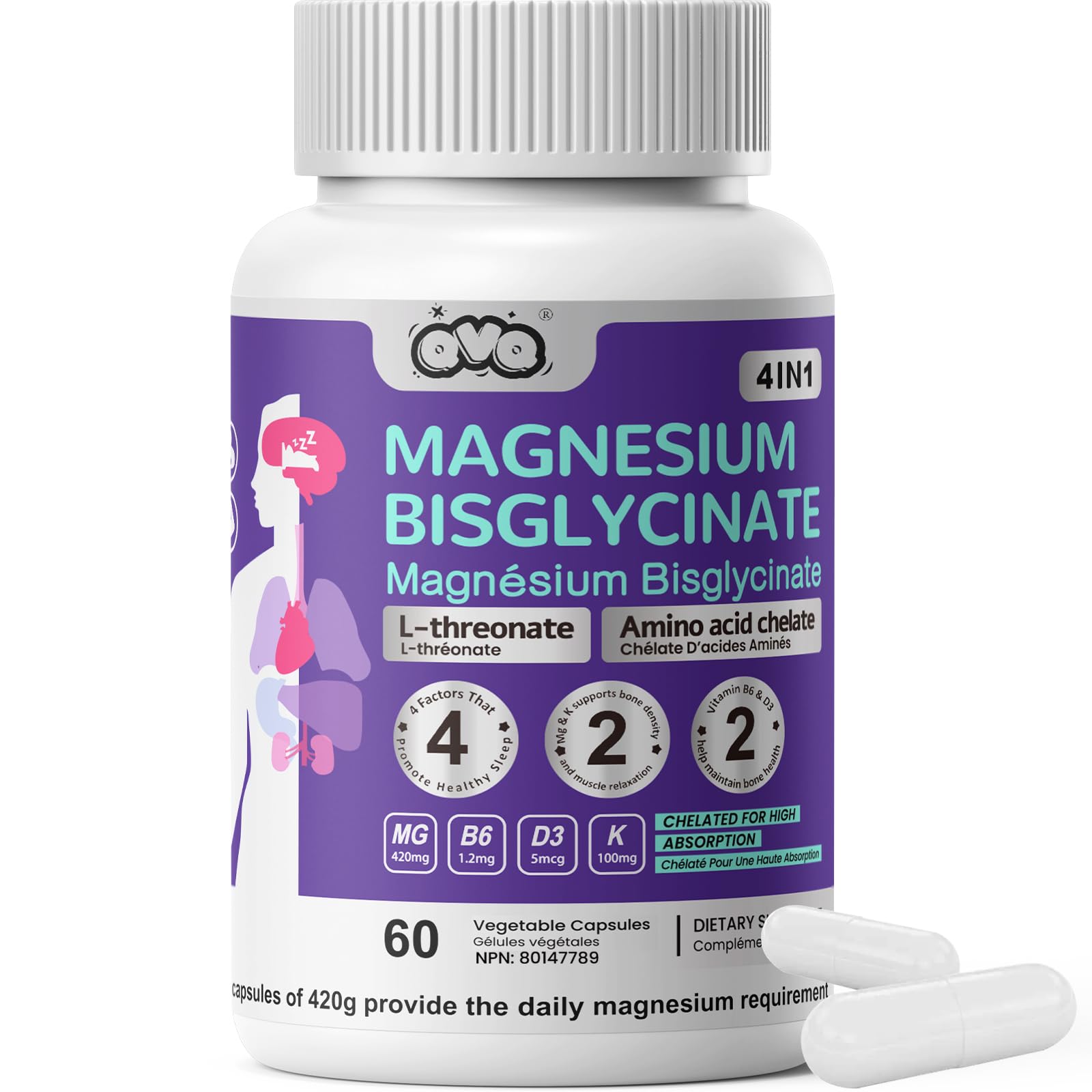 QVQ Magnesium Bisglycinate L-Threonate Complex Capsules, 60 Count