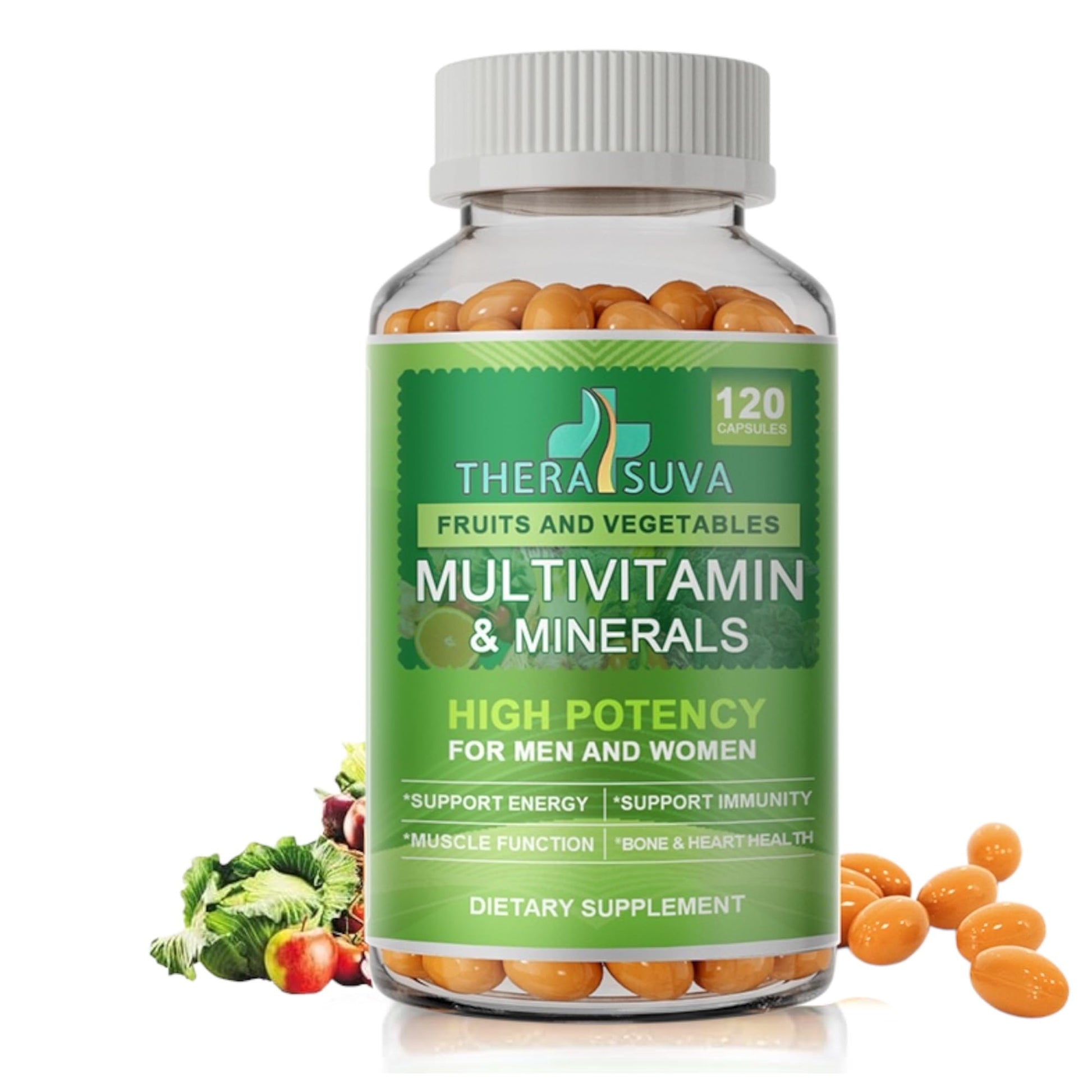 TheraSuva All Natural Multivitamins & Minerals + B Complex + Calcium + Magnesium + Zinc, 100% Vegan Sourced Whole Food Supplement, Complete Nutritional Support for Men & Women, 2 Month Supply Softgels 120