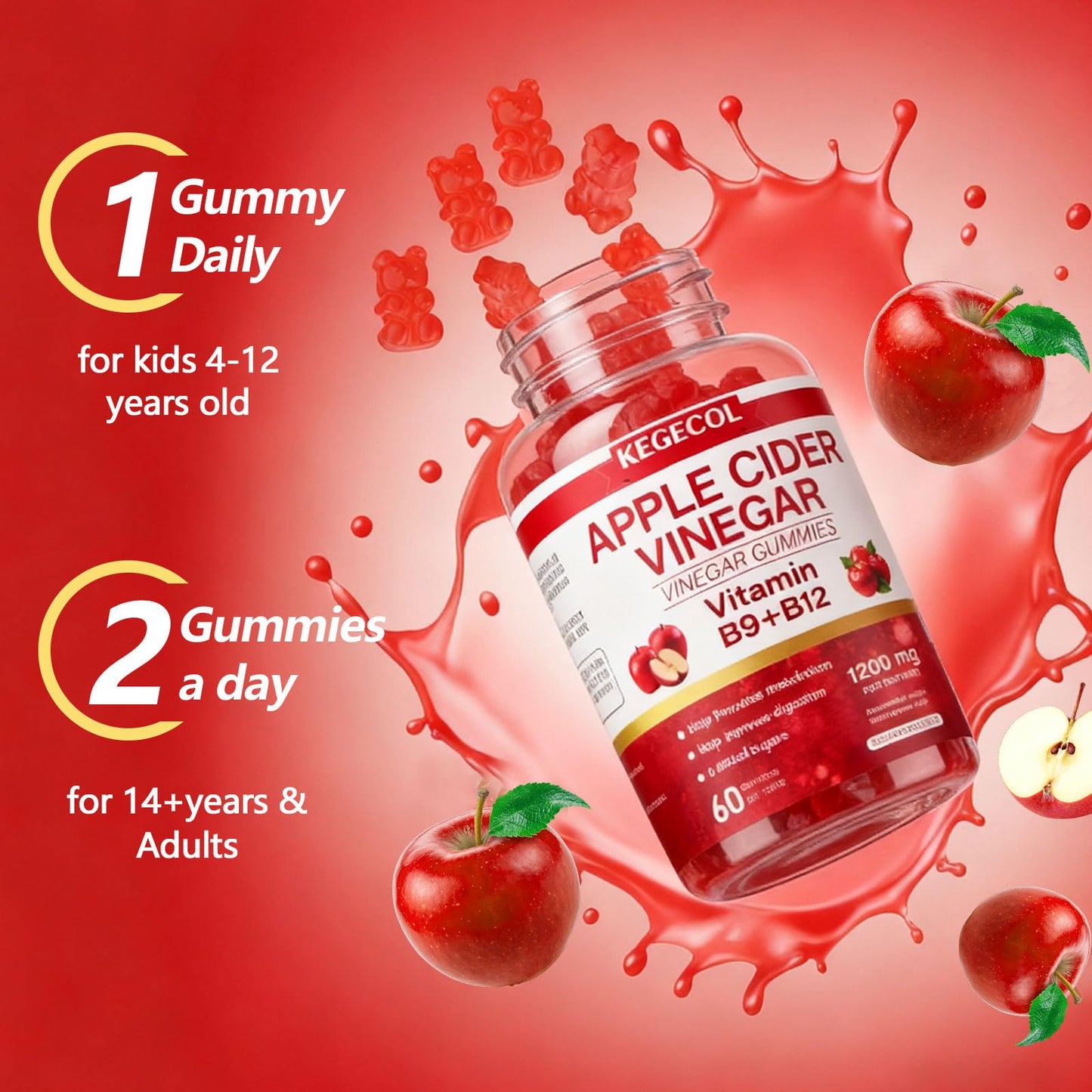 KEGECOL Apple Cider Vinegar Gummy Vitamins 60 Count