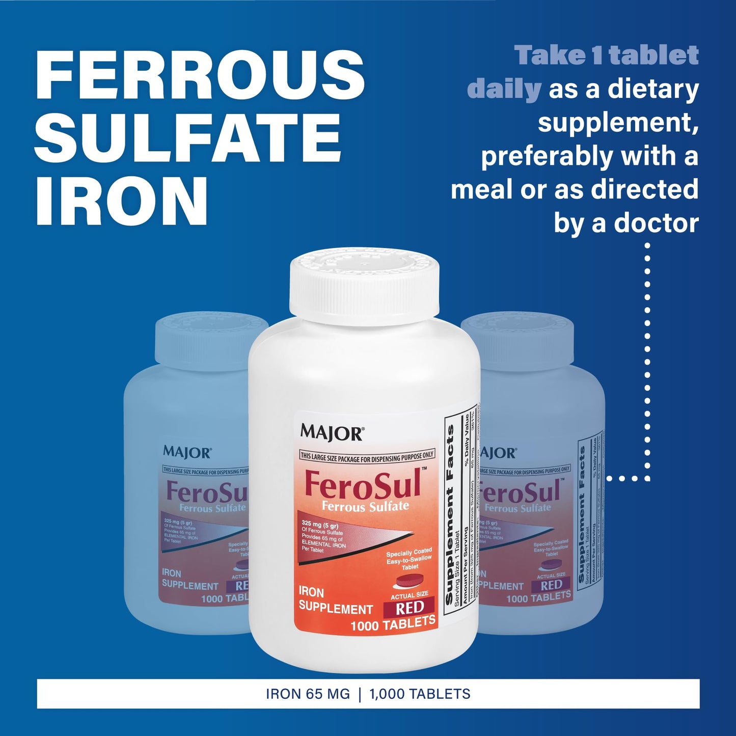 Major Ferosul Ferrous Sulfate 325mg Tablets with 65mg Elemental Iron 100 Count