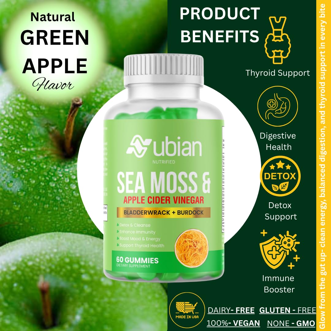 NUBIAN NUTRIFIED Sea Moss with Apple Cider Vinegar, Burdock Root & Bladderwrack Gummies 60 Count