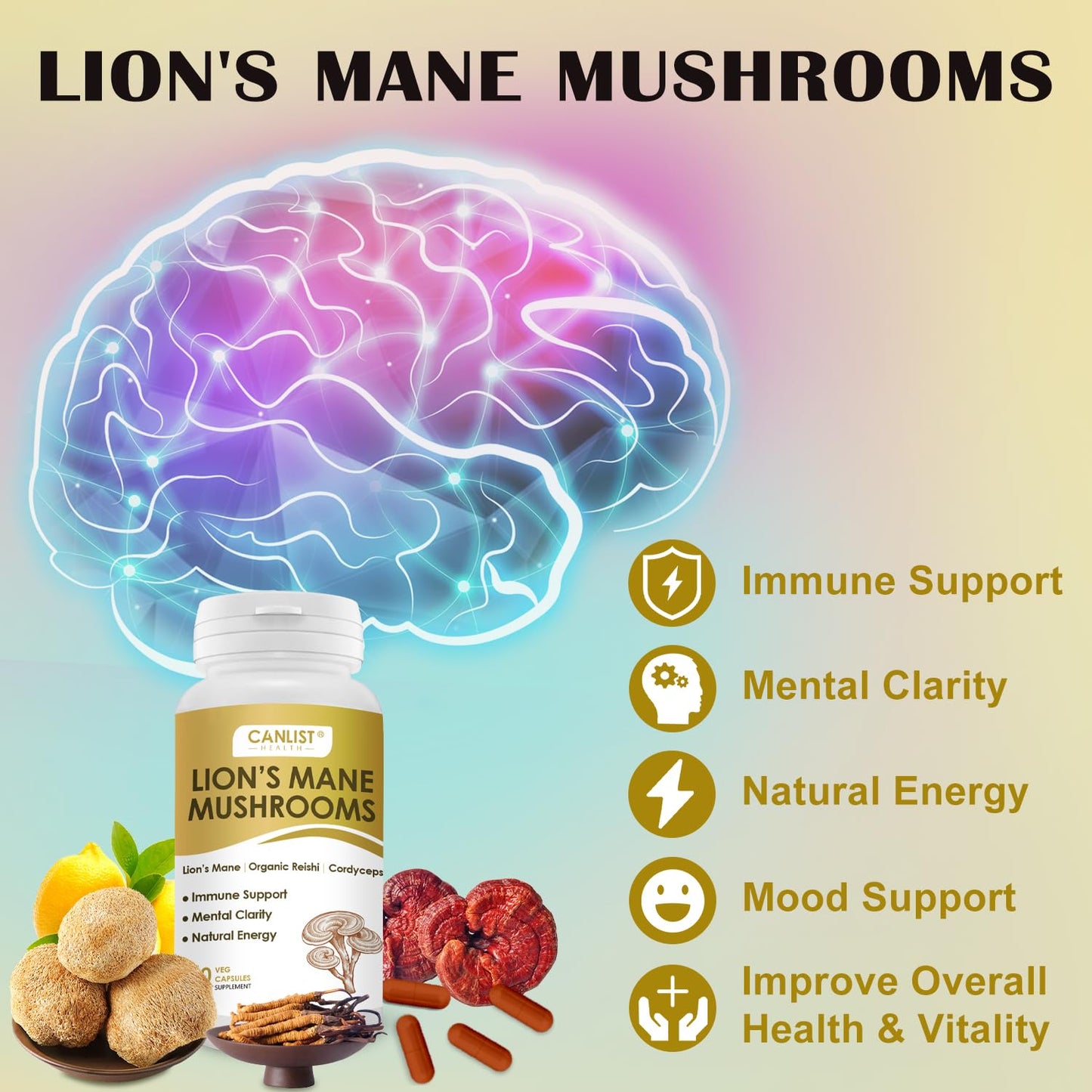 CANLIST Organic Mushroom Complex with Lion's Mane, Cordyceps, Reishi, 90 Capsules