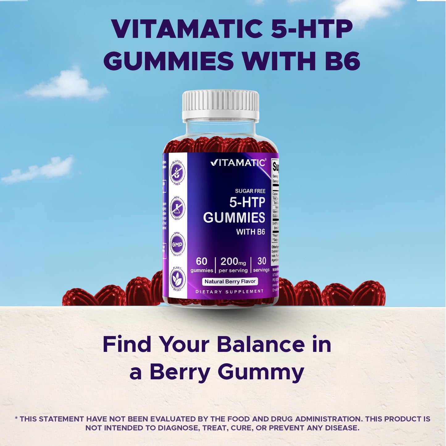 Vitamatic 5-HTP 200mg Sugar Free Gummies with B6, 60-count