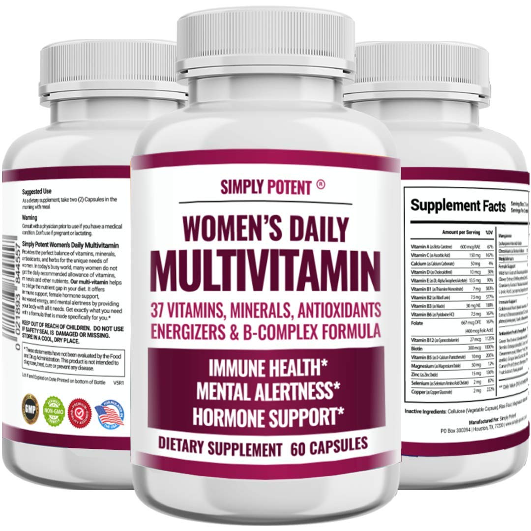 Simply Potent Women's Multivitamin - 37 Vitamins & Minerals with Biotin, Vitamins A C D E B12, Folate, Zinc, Magnesium, Calcium & Green Tea Extract, 60 Capsules