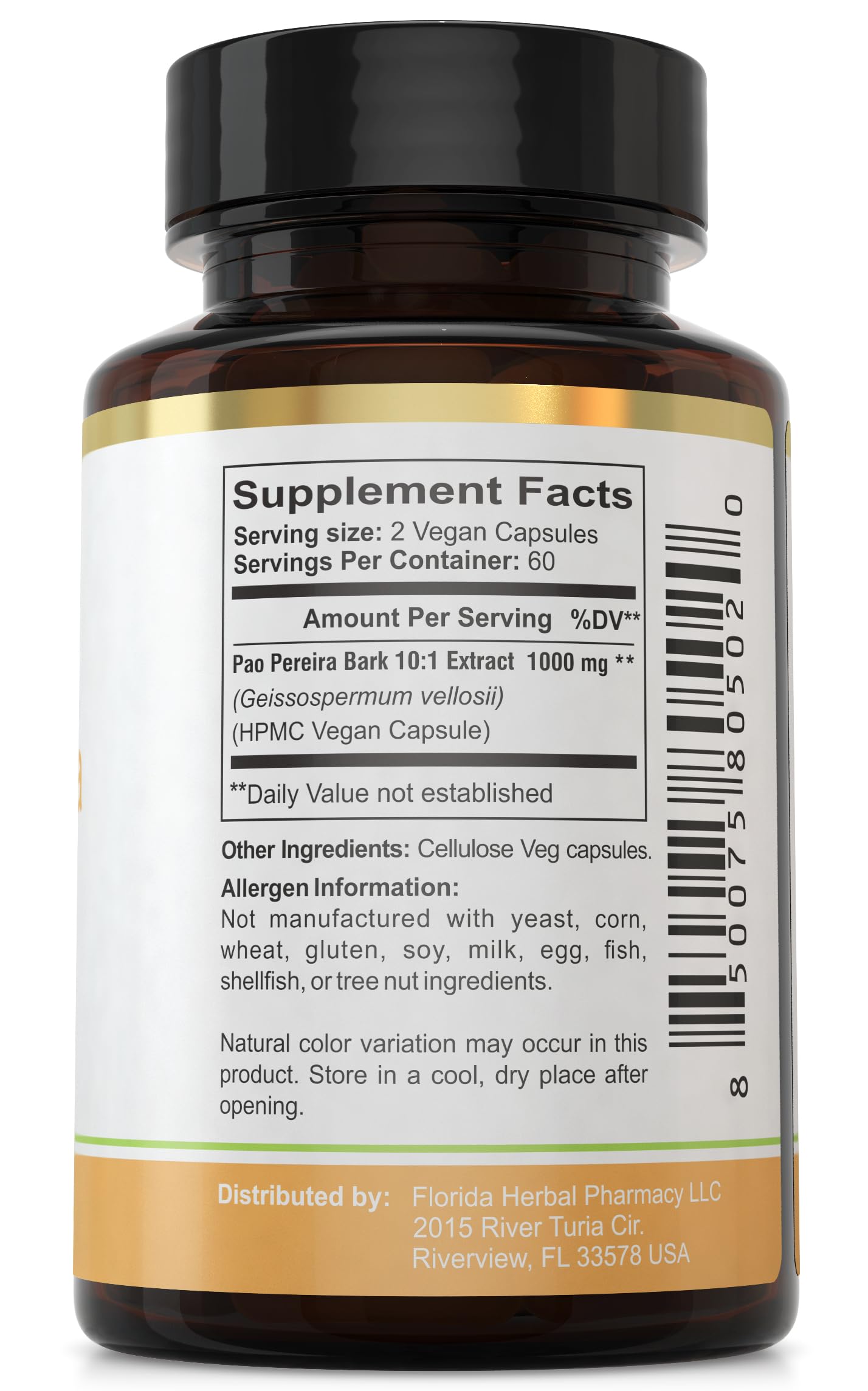 Florida Herbal Pharmacy Pao Pereira Bark Extract Supplement Capsules 10:1, 120 Capsules