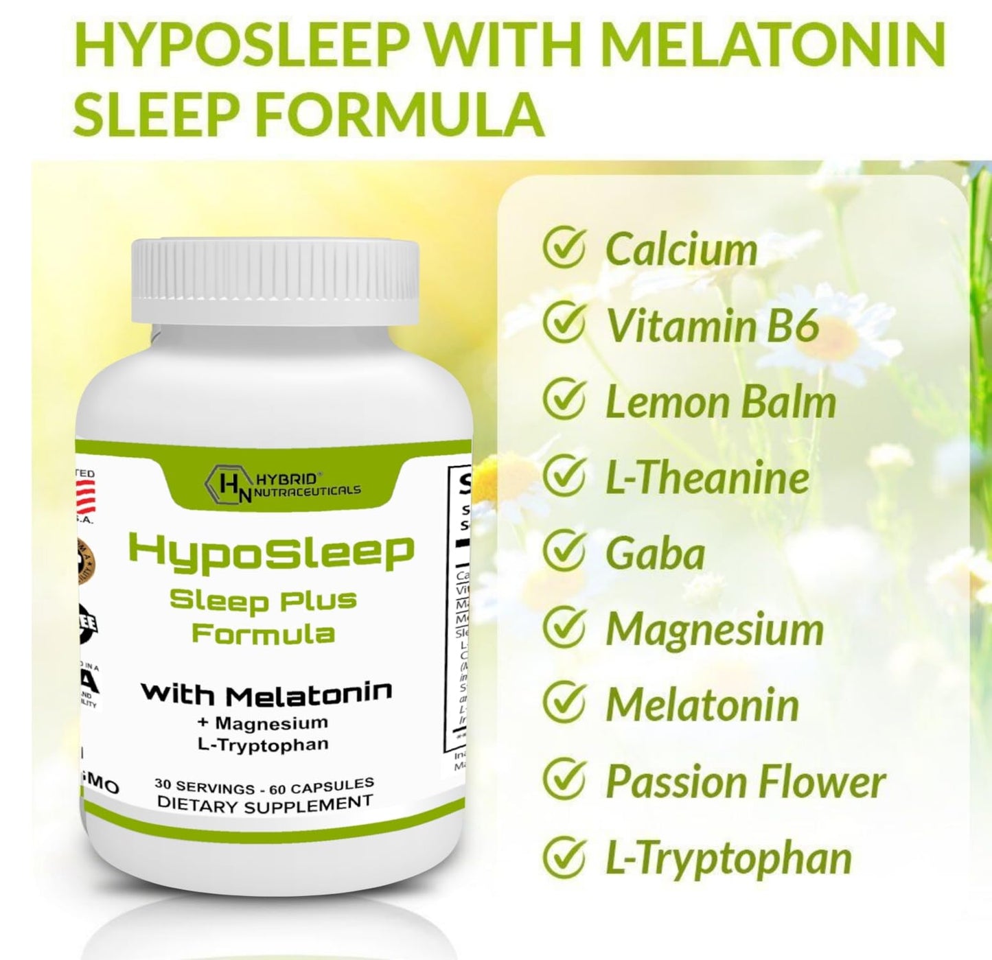 Hybrid Nutraceuticals HypoSleep with 10 mg Melatonin, 905 mg Sleep Plus Formula for Adults - Support Sleep & Relaxation, 5-HTP Supplement, Nighttime Sleep Aid, 60 Capsules