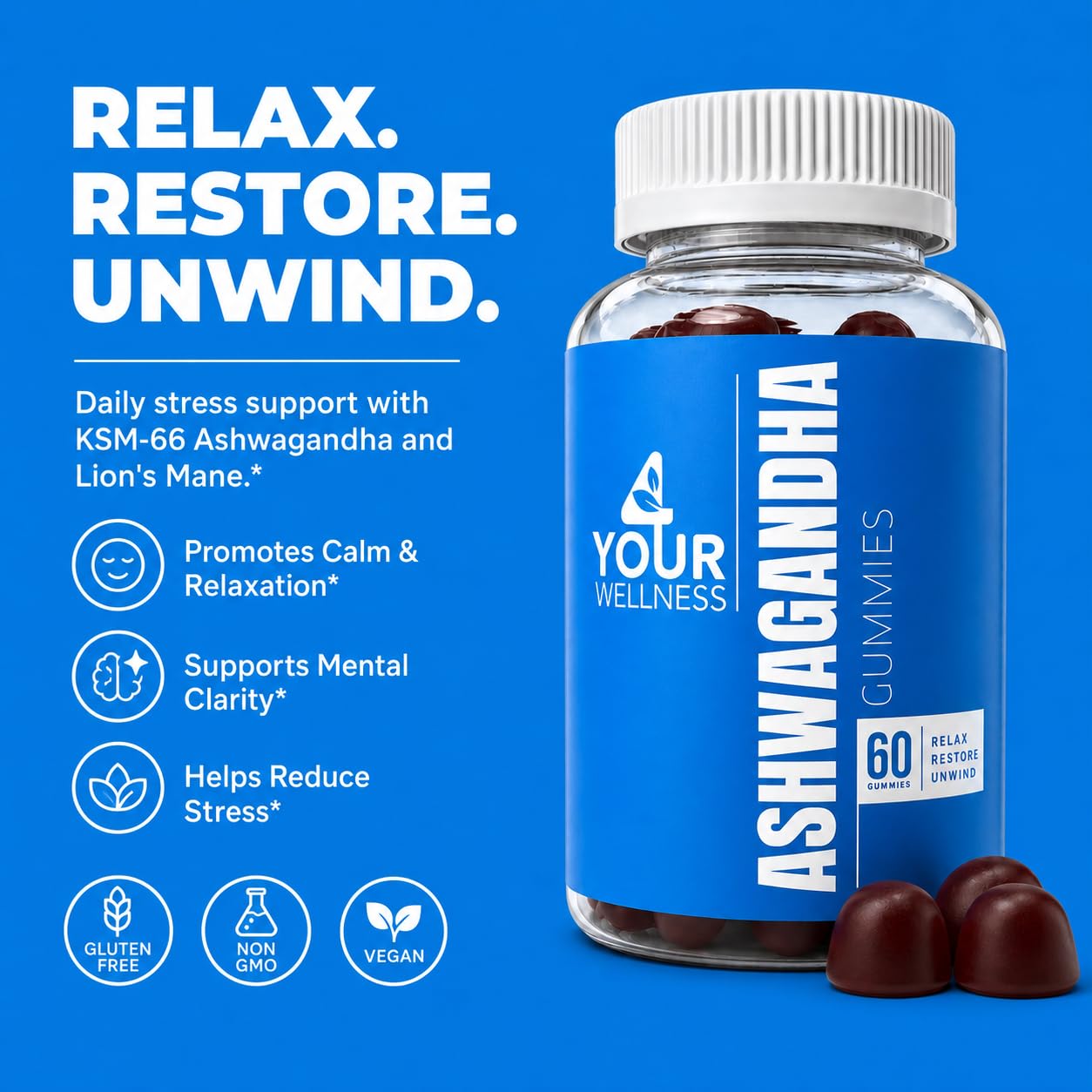 4 Your Wellness Ashwagandha KSM-66 Lions Mane Gummies 120 Count