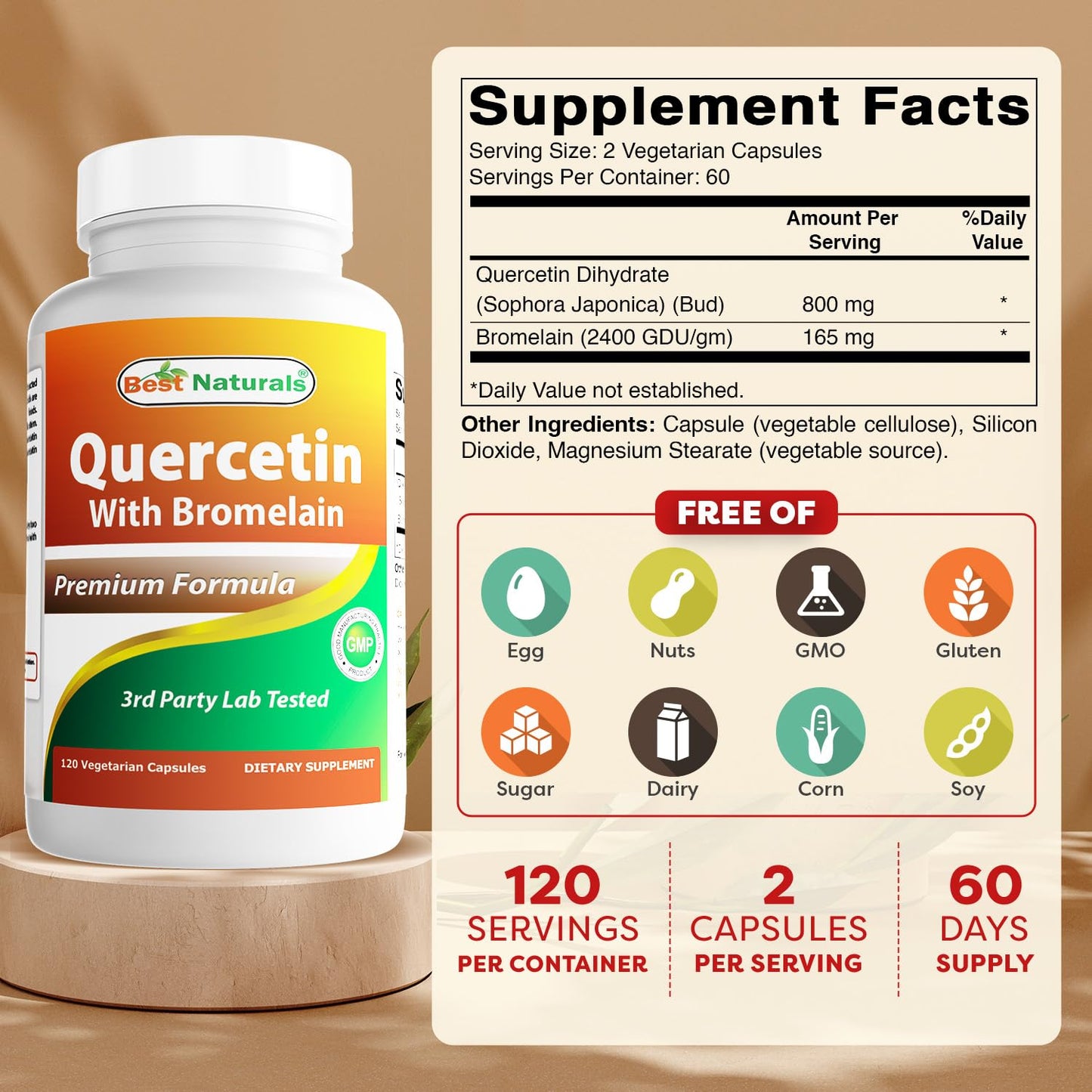 Best Naturals Quercetin with Bromelain Veggie Capsule, 800mg Quercetin & 165 mg Bromelain (2400 GDU/g), 120 Capsules