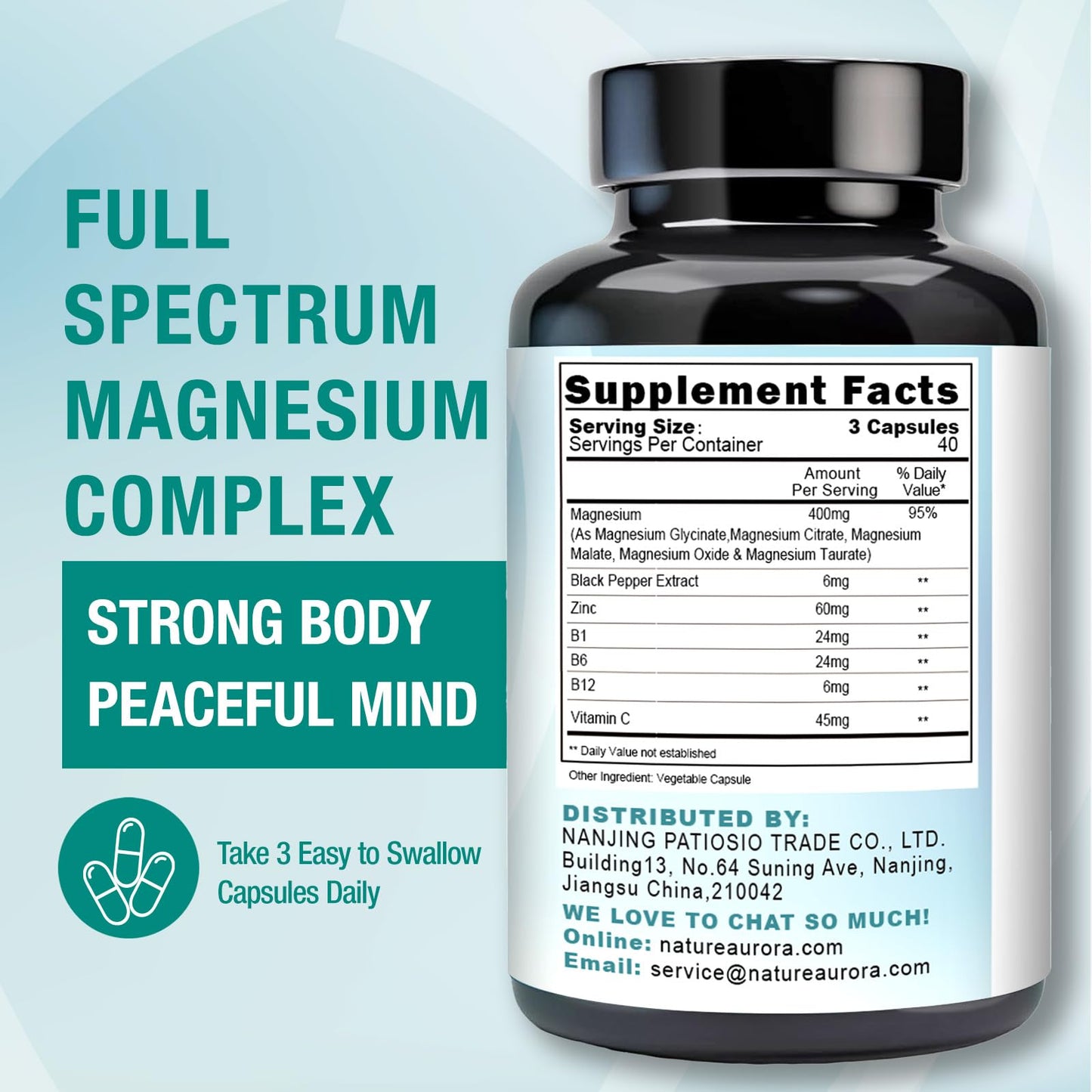 Nature Aurora Magnesium Complex 400mg 5-in-1 Magnesium Supplement, Vegan, 120 Capsules