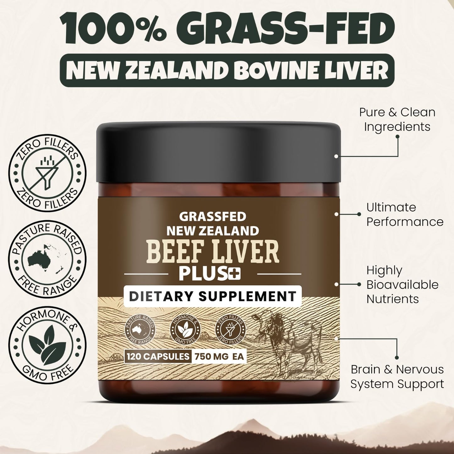 Ancient Diosa Grassfed Beef Liver Plus Supplement 3000mg, 120 Capsules