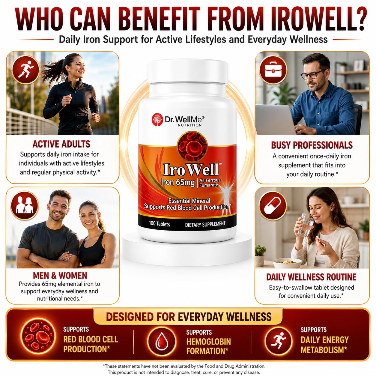 DR WELLME NUTRITION Irowell Iron Tablets 65mg, 100 Tablets