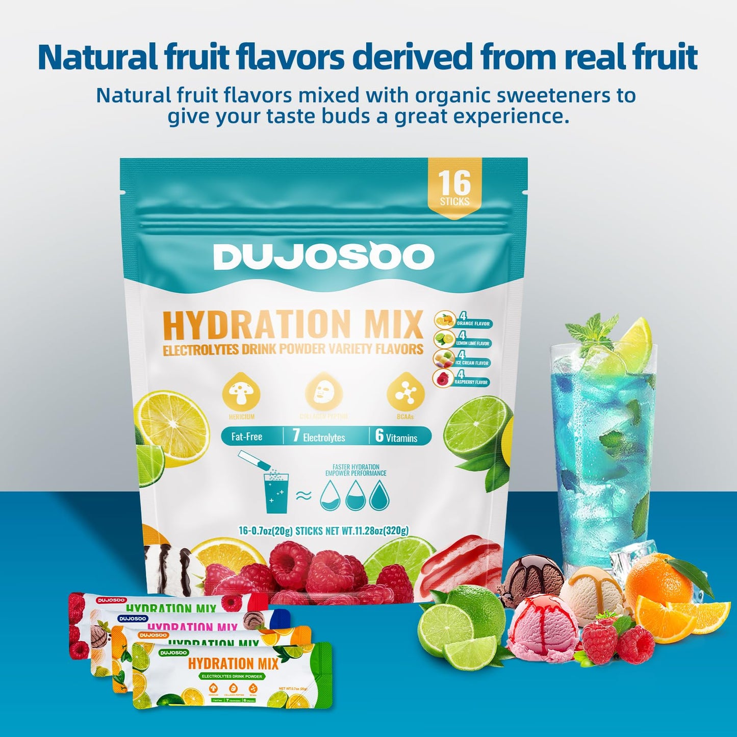Dujosoo Electrolyte Powder, Sugar-Free Variety Flavors, Orange, Lemon, Raspberry, Ice Cream, 7 Electrolytes, 6 Vitamins, Lion's Mane, Collagen, BCAA, Vegan, Non-GMO, 11.36 oz