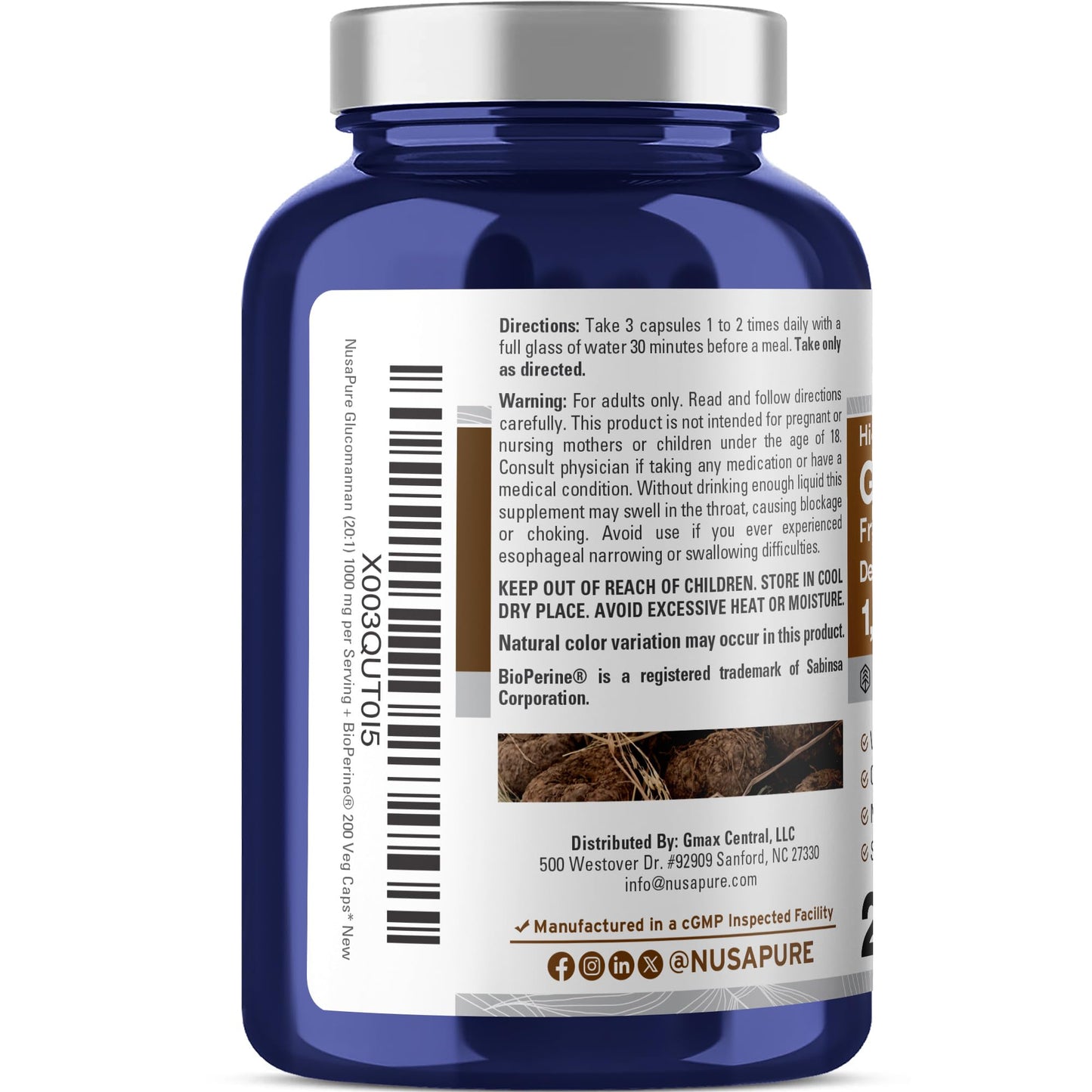 NusaPure Glucomannan (Konjac Root) 1000mg Capsules, 200 Count