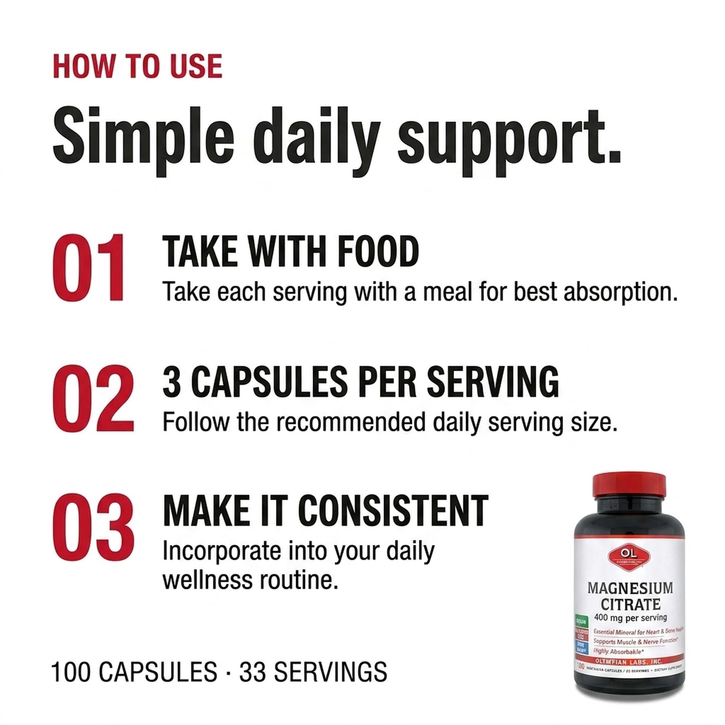 Olympian Labs Magnesium Citrate 400mg Capsules, 100 Count