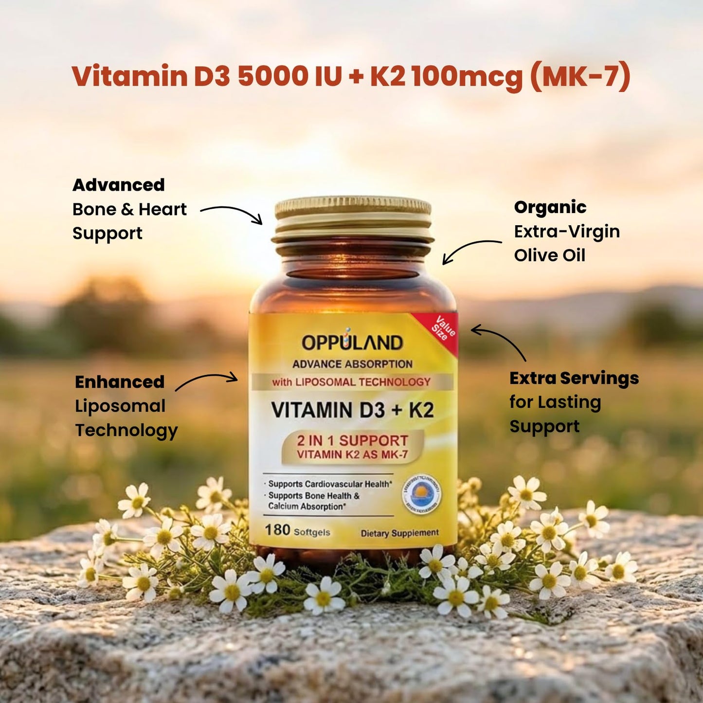 oppuland Vitamin D3 + K2 5000 IU Softgels 180
