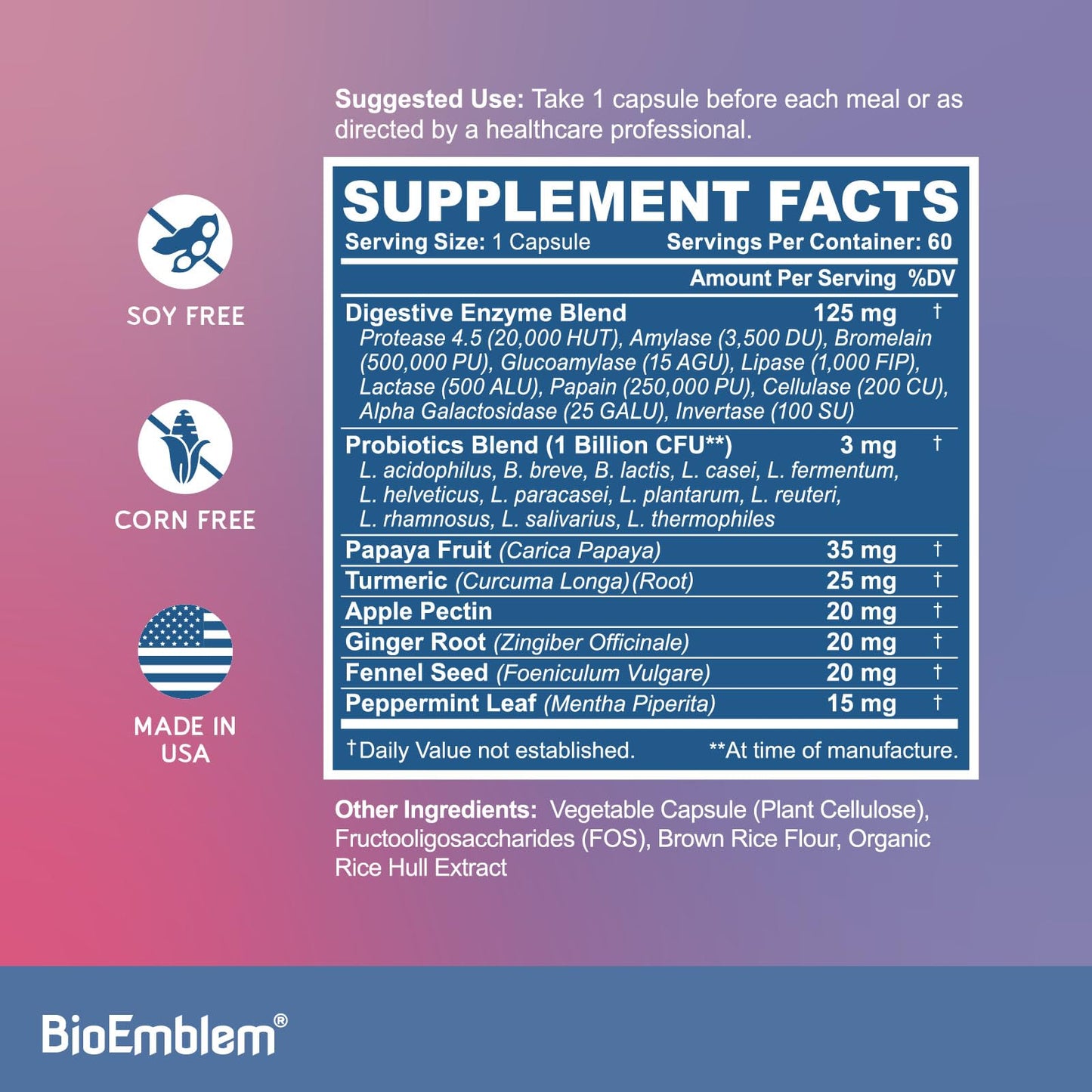 BioEmblem Digestive Enzymes with Probiotics - 10 Enzymes, 12-Strain 1 Billion CFU - 60 Capsules