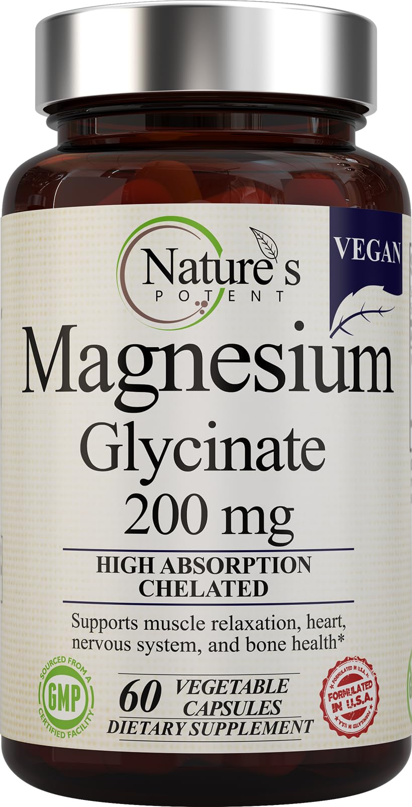 Nature's Potent Magnesium Glycinate 200mg Capsule, 60 Capsules