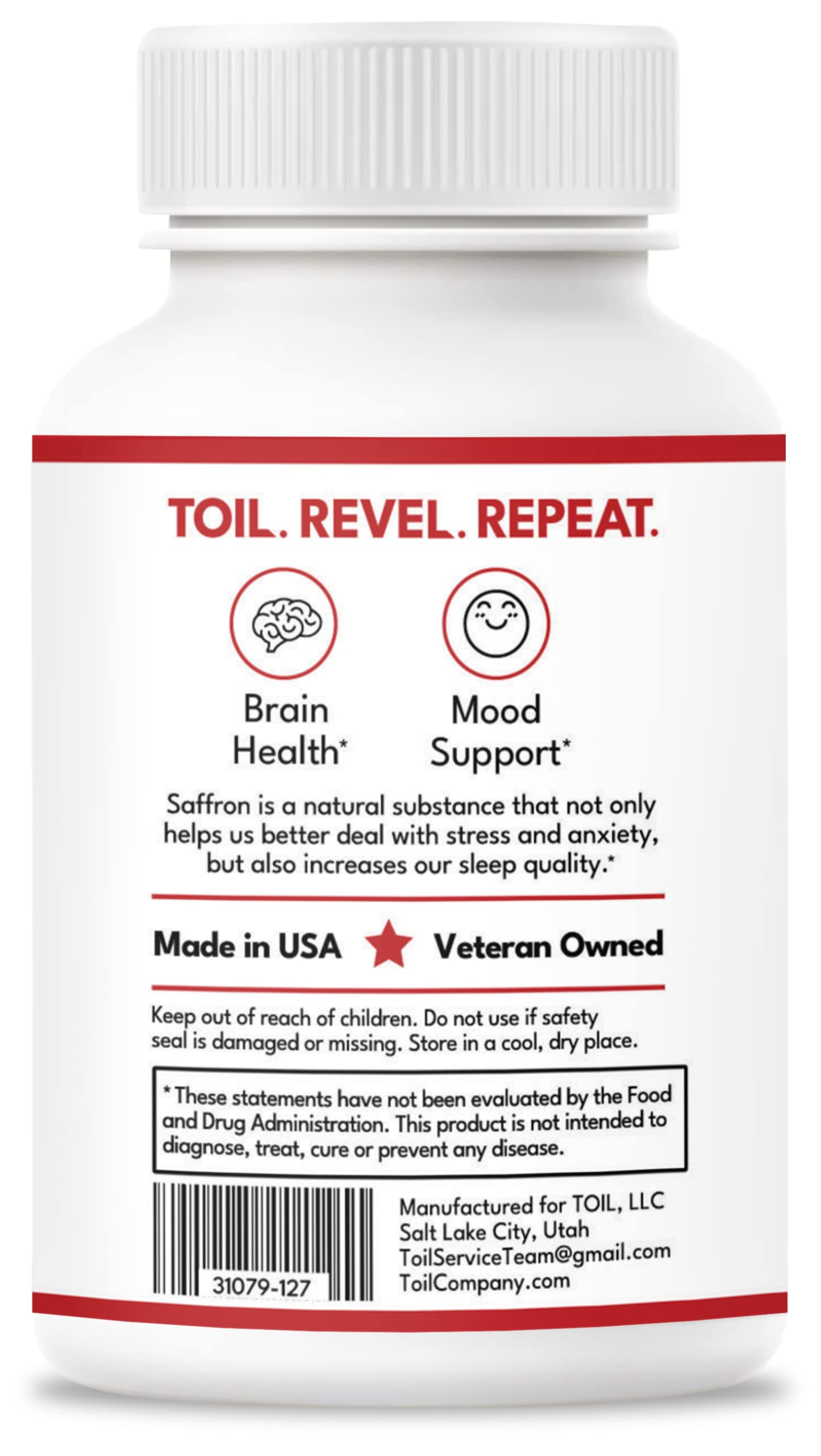 TOIL Saffron Supplement for Stress Response and Brain Health Support Unflavored Capsules 60 Count