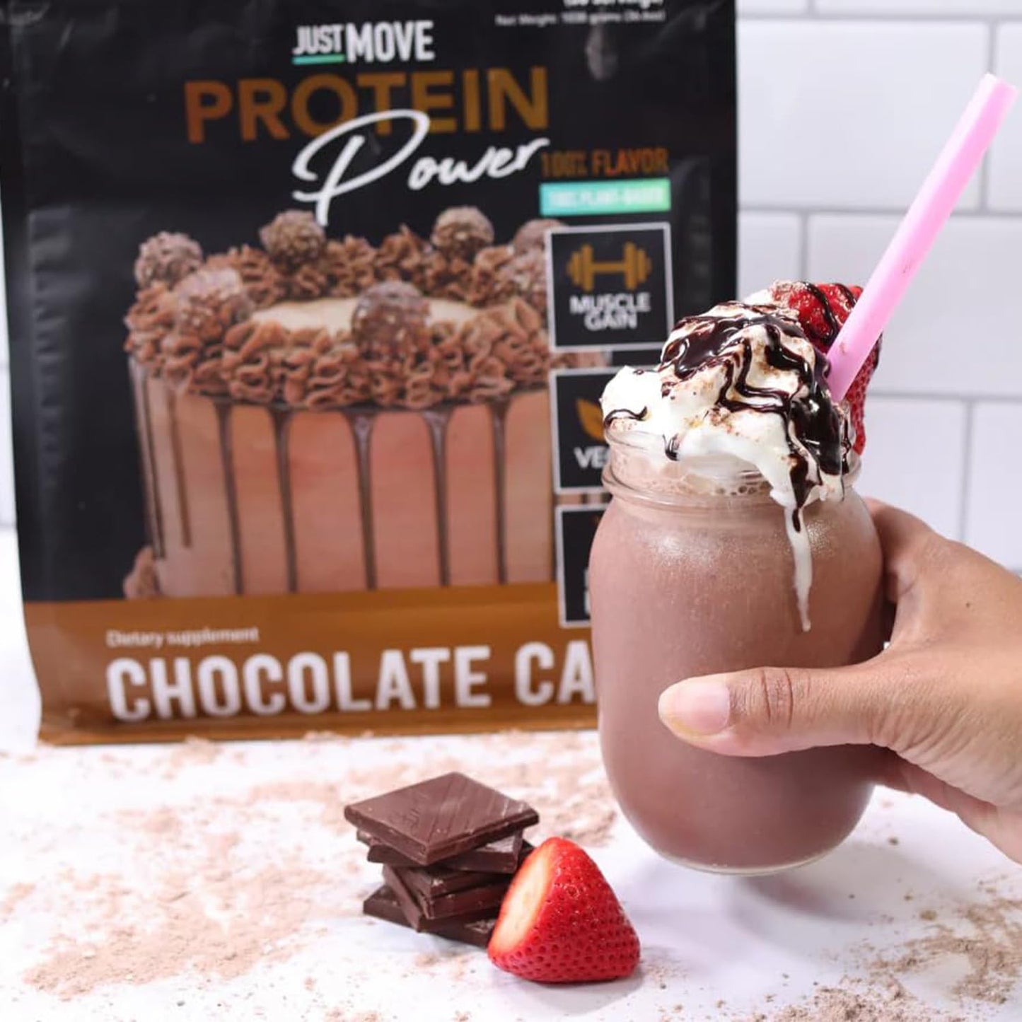 Just Move Protein Powder Chocolate Cake - Vegan (Plant Based), Organic, Dairy Free, Soy Free, Gluten Free, Keto, Peanut Free, 20g Protein, Low Carb, Non-GMO, 19.2 oz