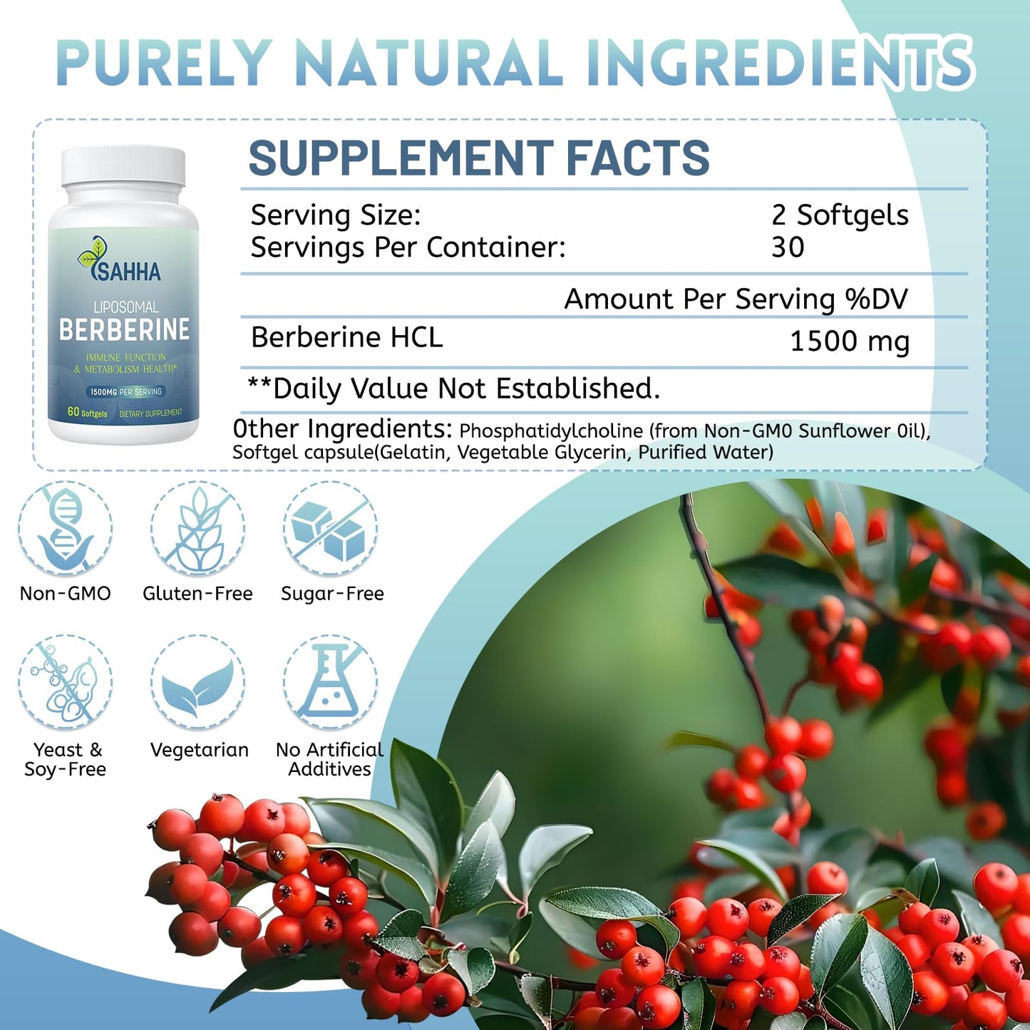 Sahha Liposomal Berberine HCL 1500mg Softgel 120 Count