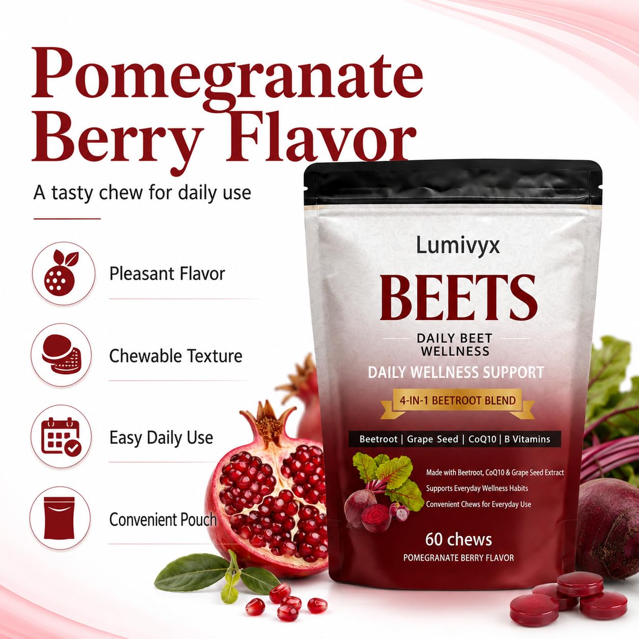 Lumivyx Beet Chews Beetroot Blend with CoQ10 & Grape Seed Extract, Pomegranate Berry Flavor, Gummy, 60 Count