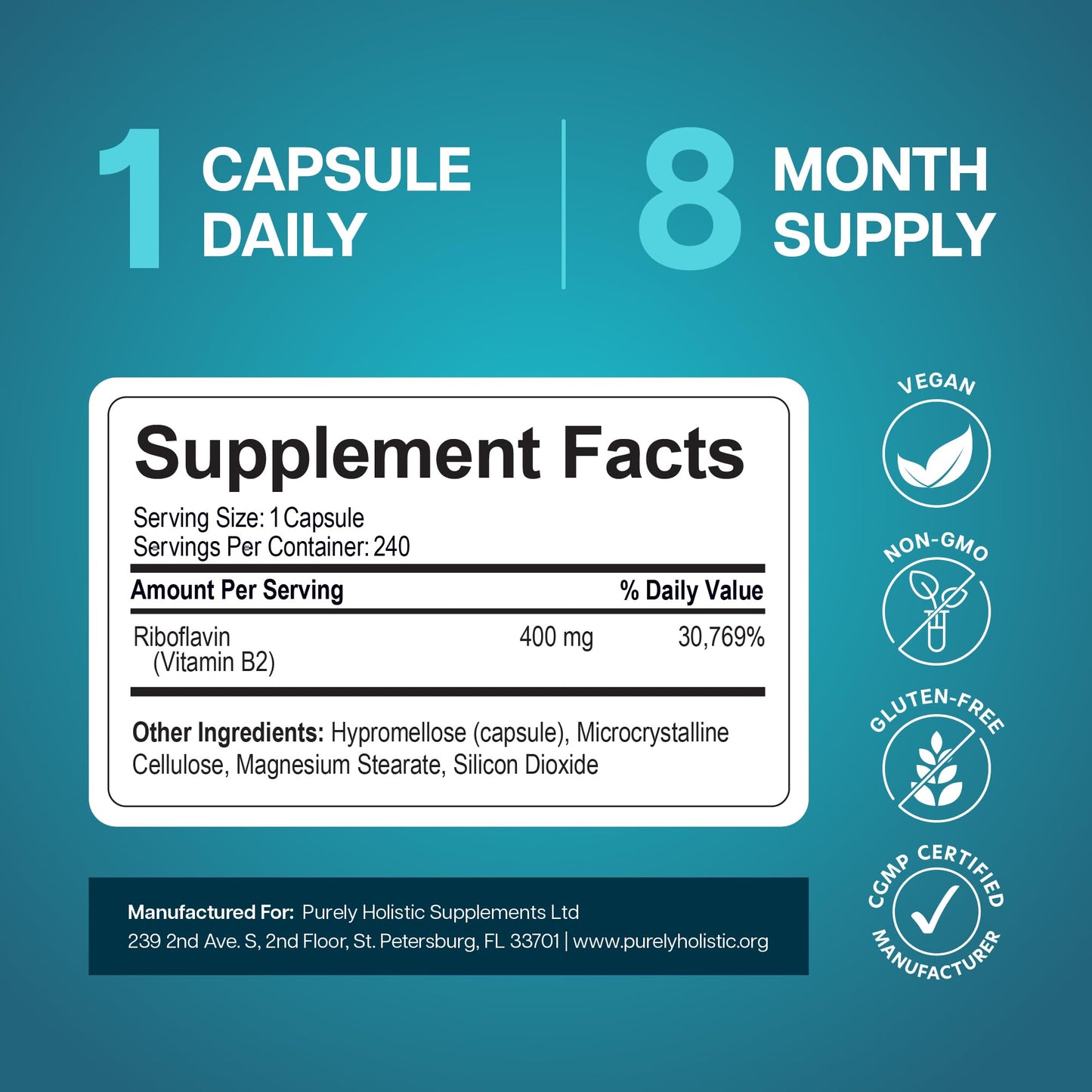 Purely Holistic Vitamin B2 Riboflavin 400mg Capsule 240 Count