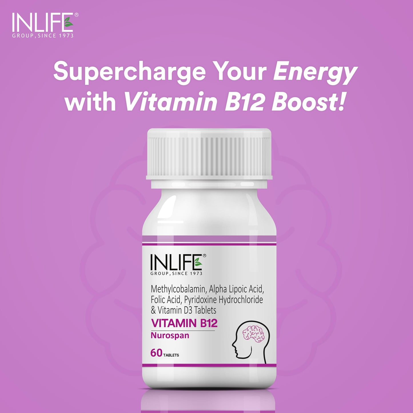 INLIFE Vitamin B12 (Methylcobalamin) 1500mcg Supplement with ALA (Alpha Lipoic Acid), Folic Acid, Vitamin D3 Tablet, 60 Tablets
