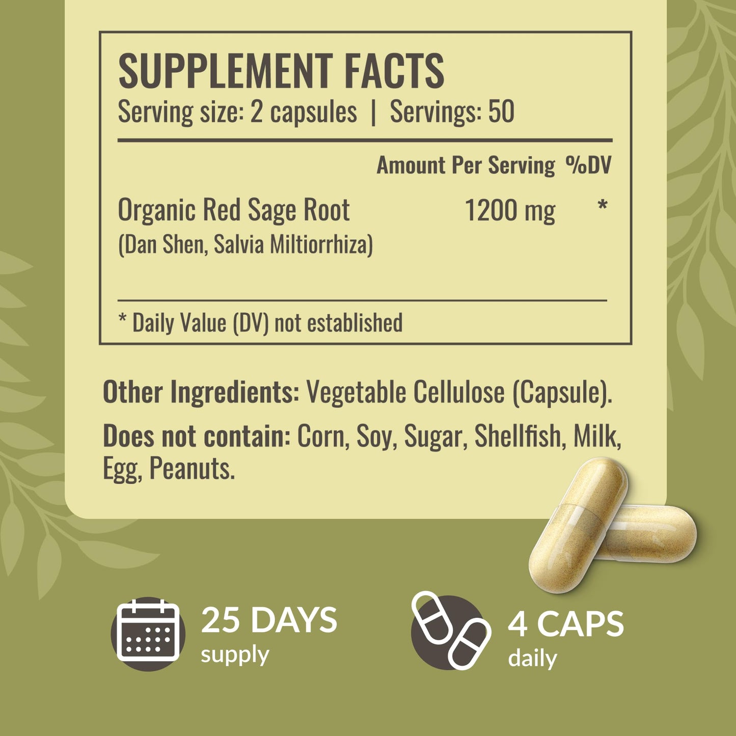 HERBAMAMA Red Sage Root (Dan Shen) Supplement Capsules, 1200mg, 100 Capsules
