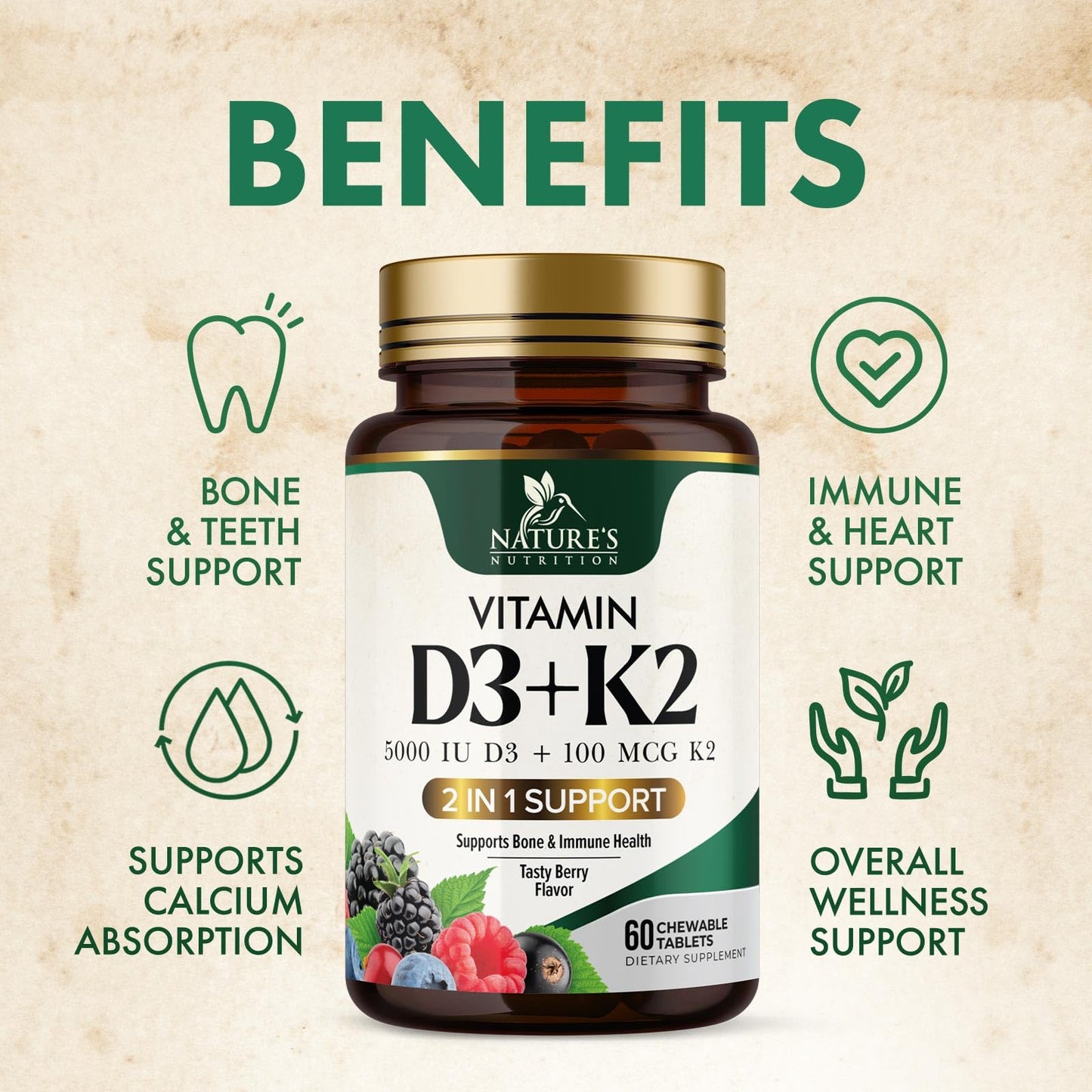 Nature's Nutrition Vitamin D3 K2 Supplement 60 Tablets