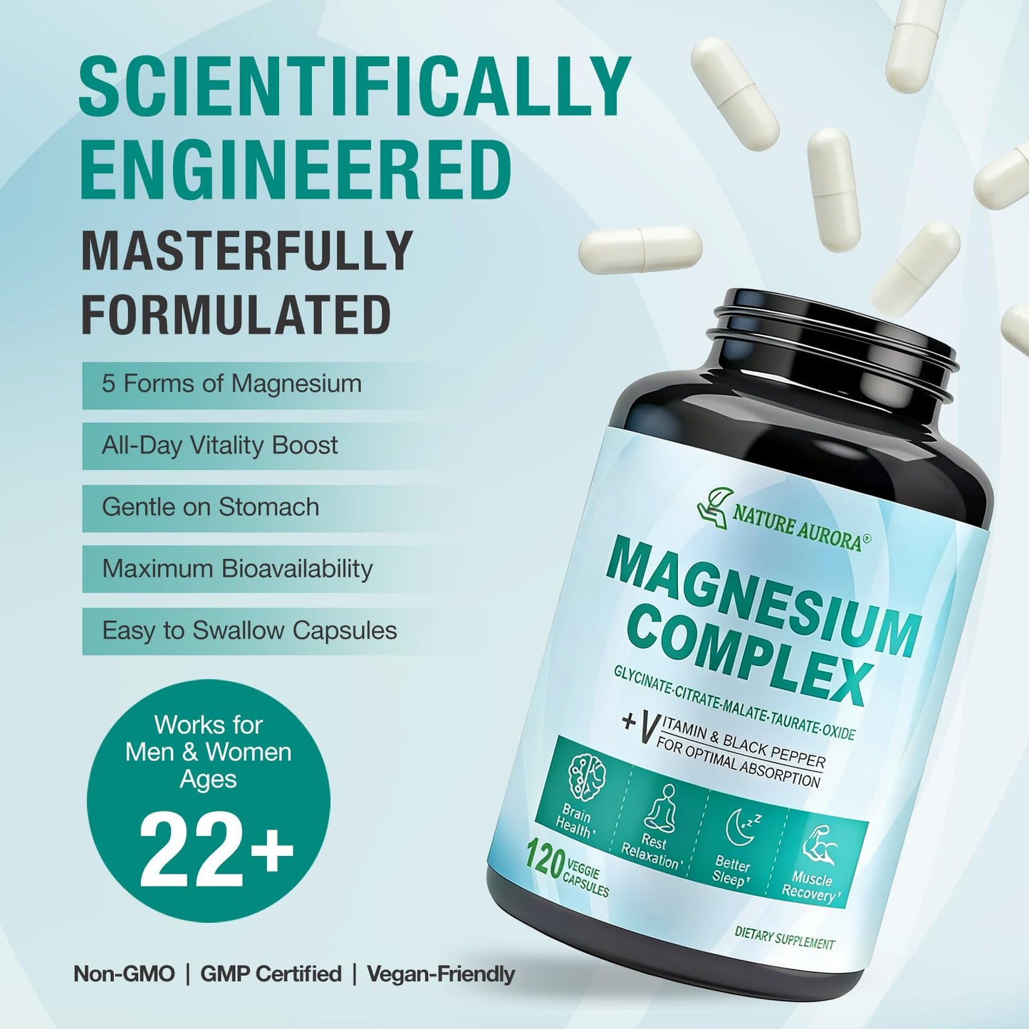 Nature Aurora Magnesium Complex 400mg 5-in-1 Magnesium Supplement, Vegan, 120 Capsules