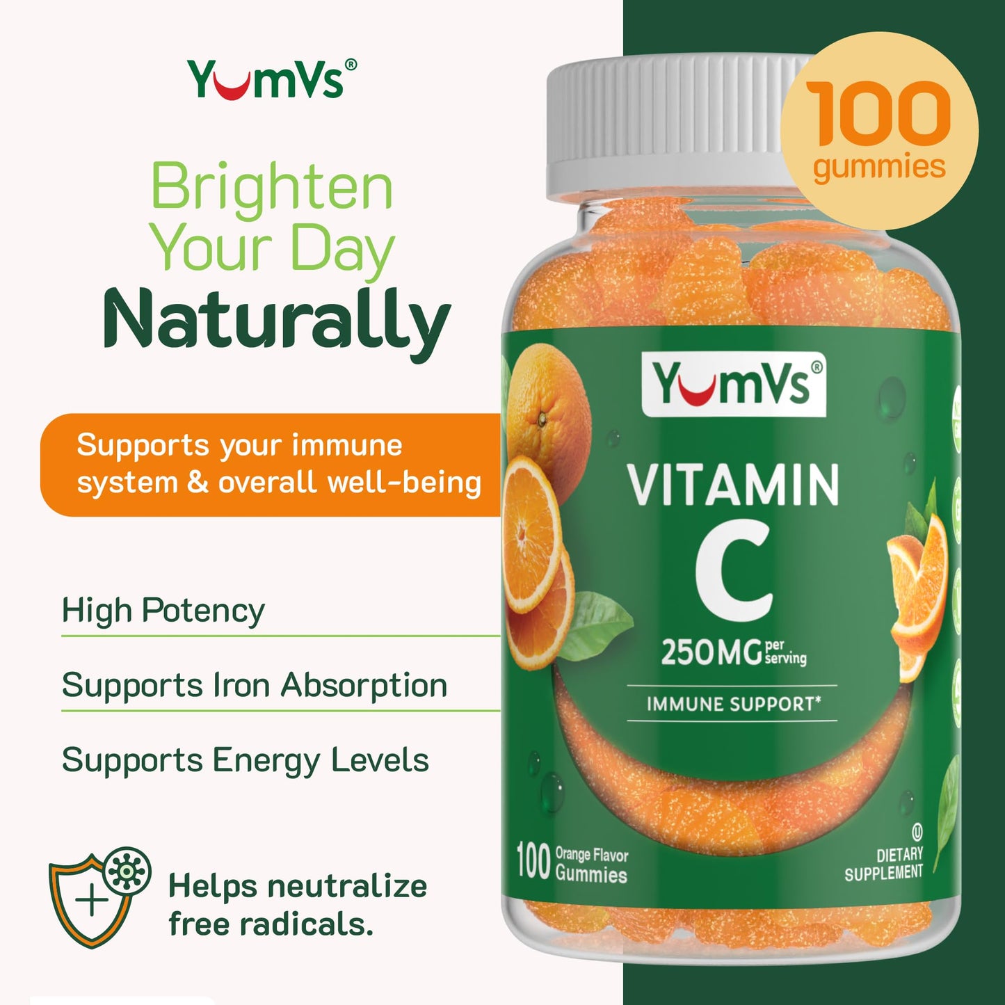 YUM-V'S Vitamin C Gummies for Adults 250 mg 100 Count