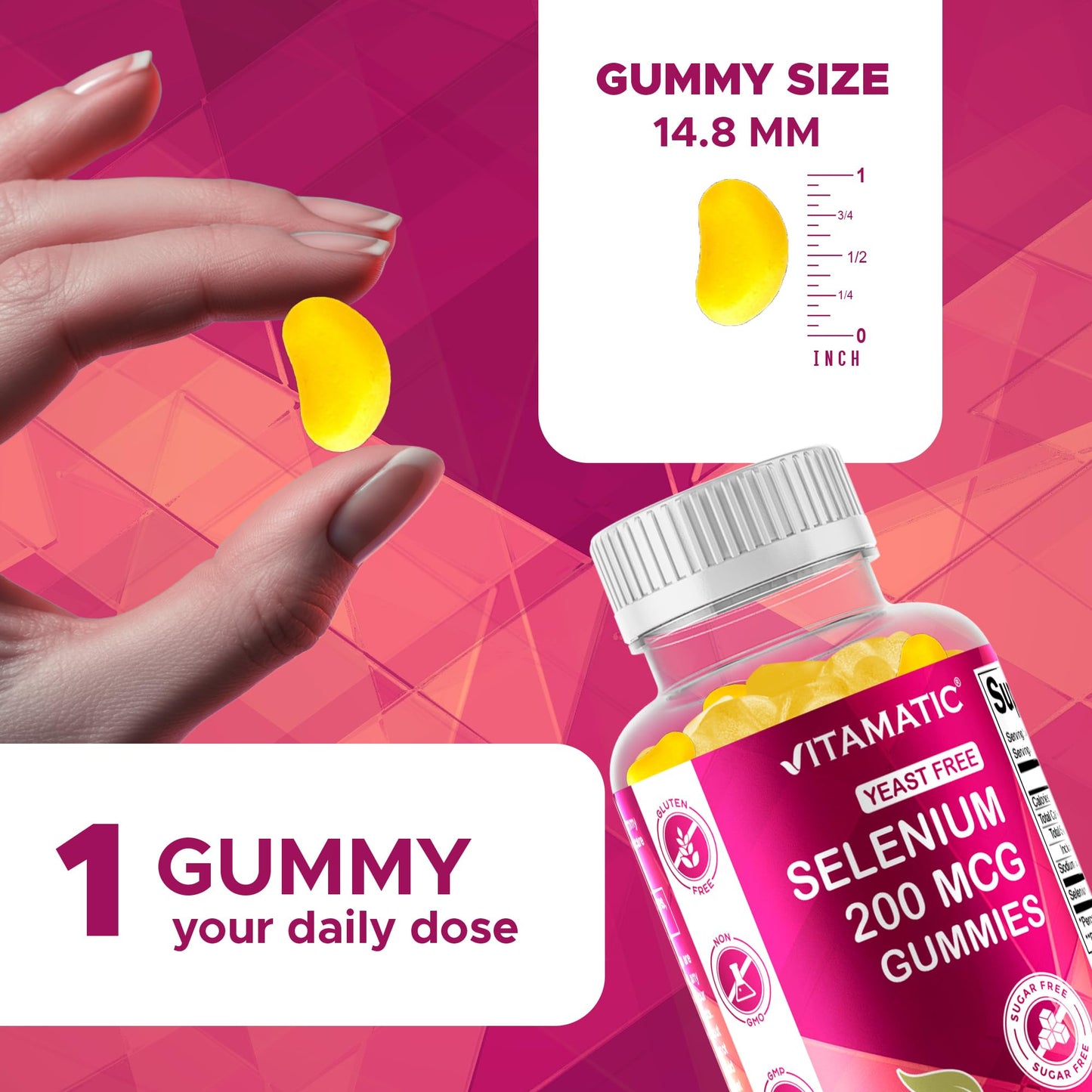 Vitamatic Yeast-Free Selenium Gummies 200mcg Selenomethionine, Essential Trace Mineral, 180 Gummies